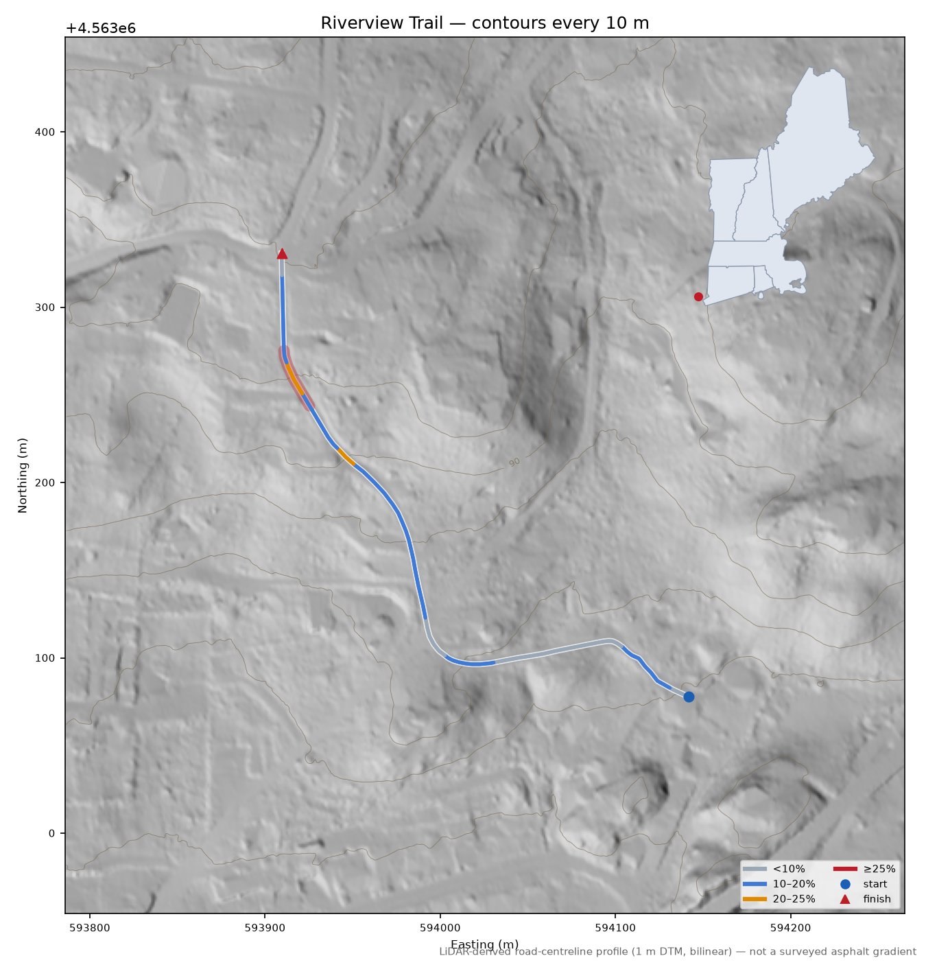 Riverview Trail LiDAR hillshade map with contours