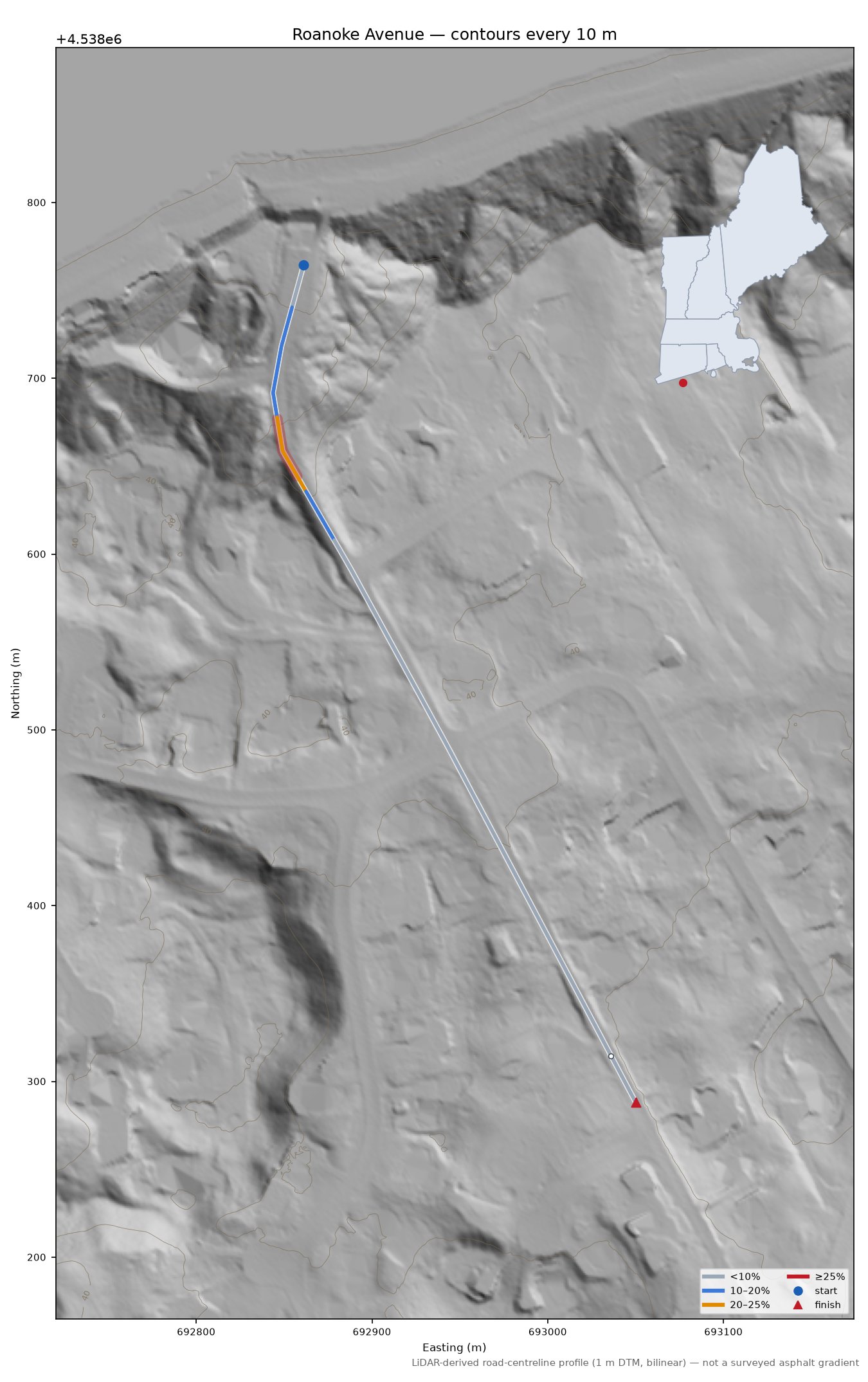 Roanoke Avenue LiDAR hillshade map with contours