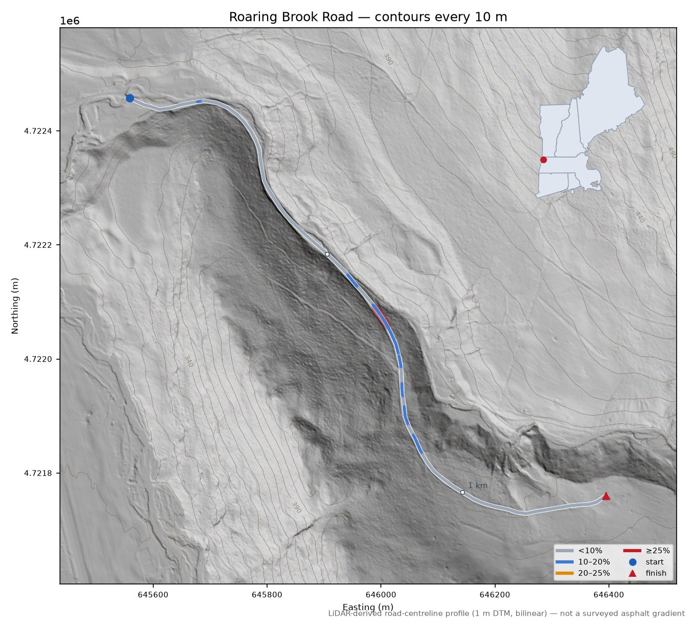 Roaring Brook Road LiDAR hillshade map with contours