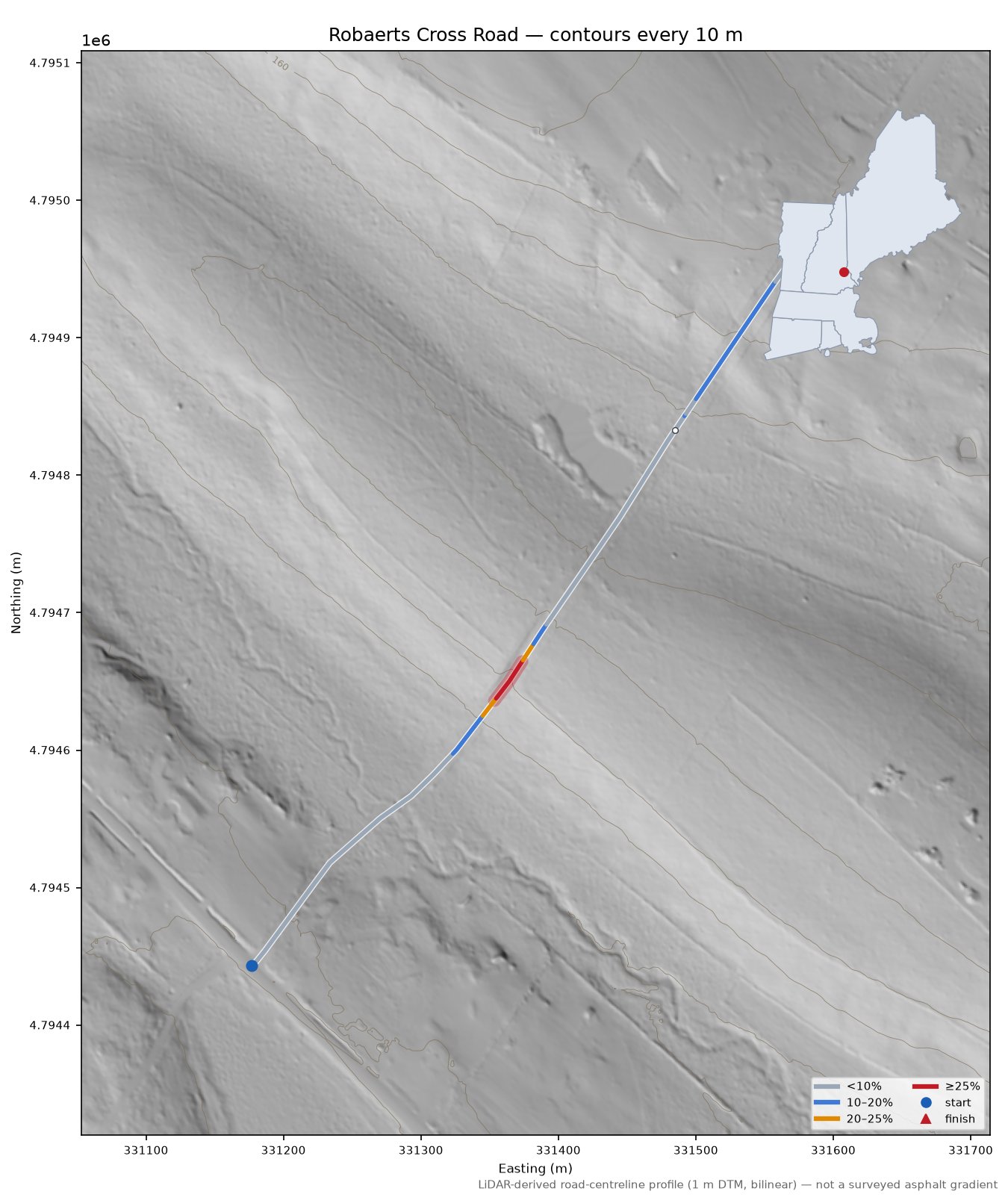 Robaerts Cross Road LiDAR hillshade map with contours