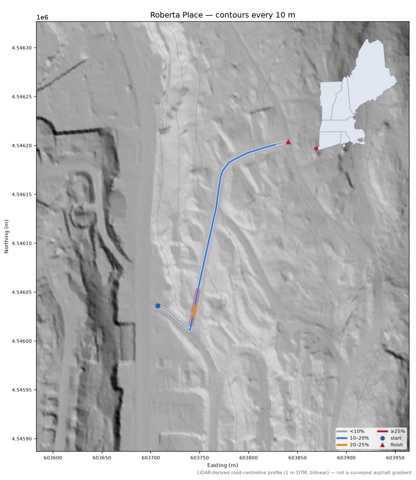 Roberta Place LiDAR hillshade map with contours