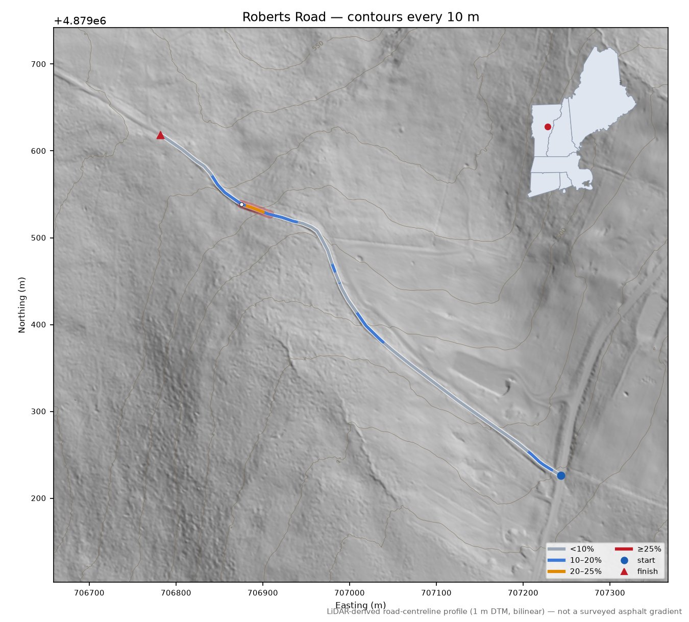 Roberts Road LiDAR hillshade map with contours