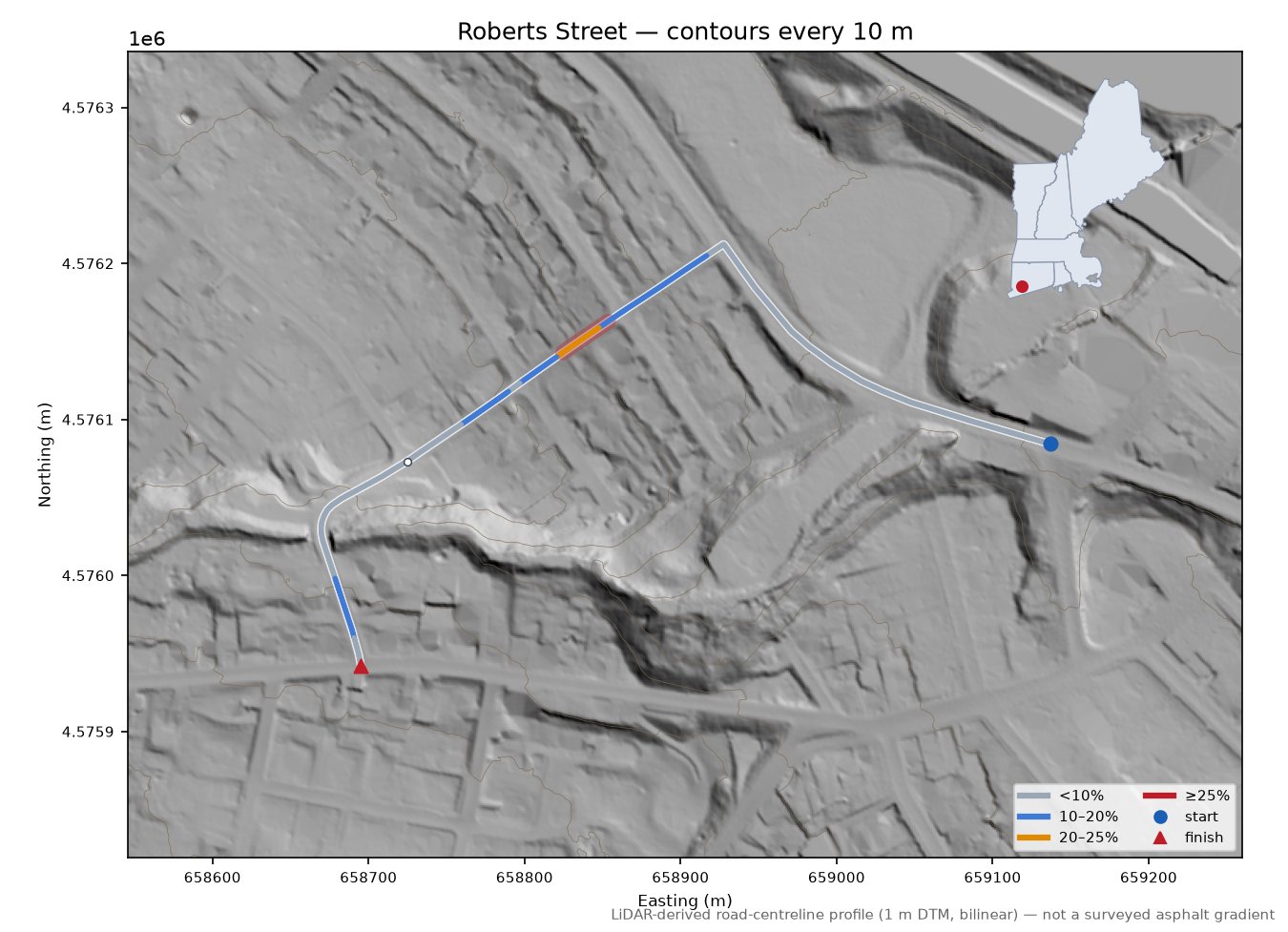 Roberts Street LiDAR hillshade map with contours