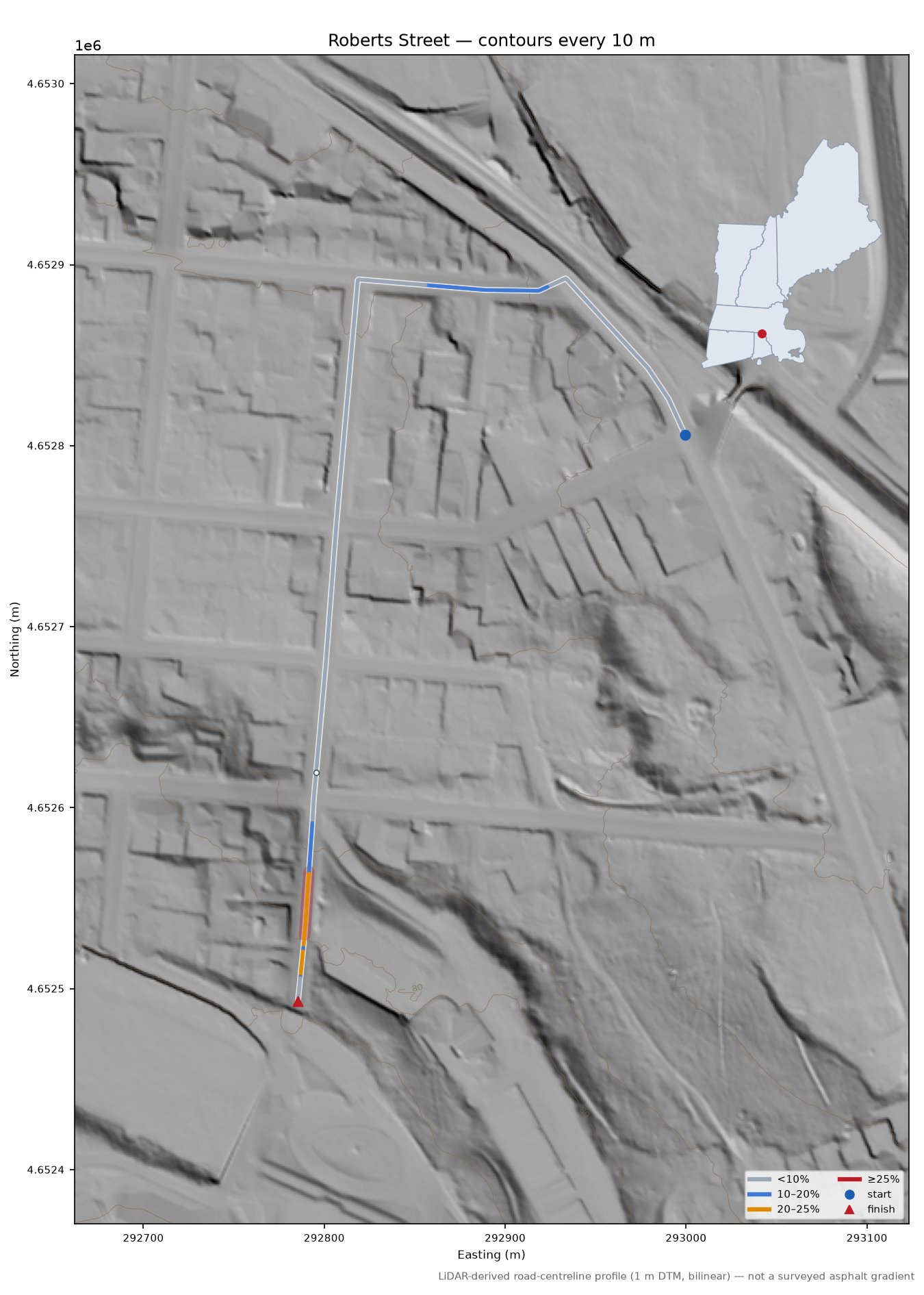 Roberts Street LiDAR hillshade map with contours