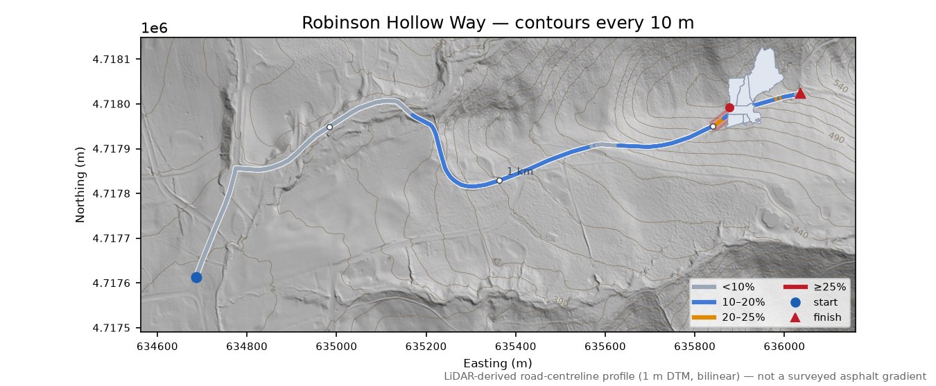 Robinson Hollow Way LiDAR hillshade map with contours