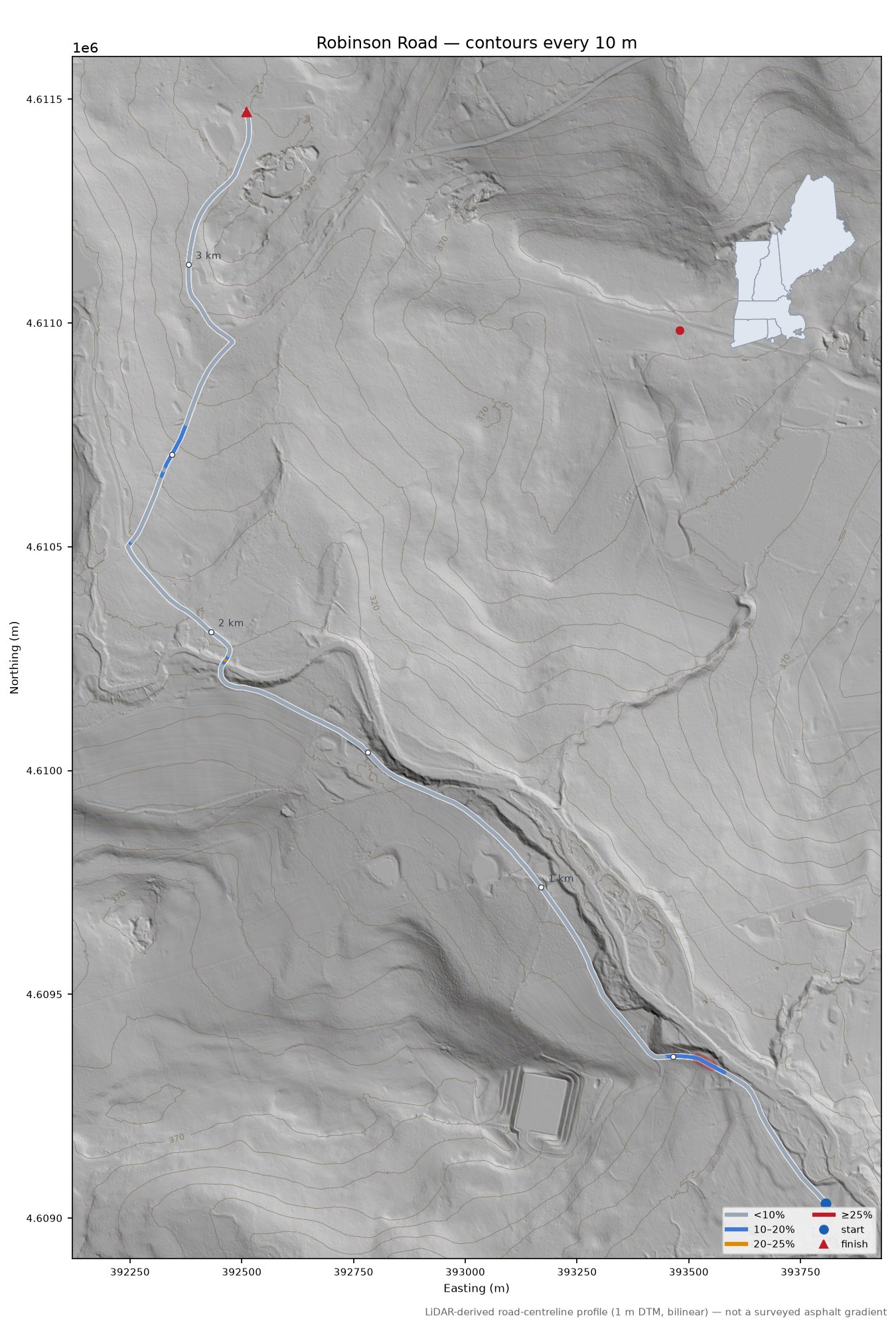 Robinson Road LiDAR hillshade map with contours