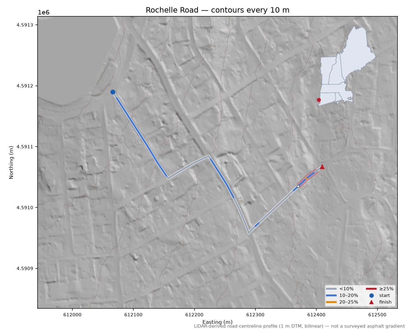 Rochelle Road LiDAR hillshade map with contours