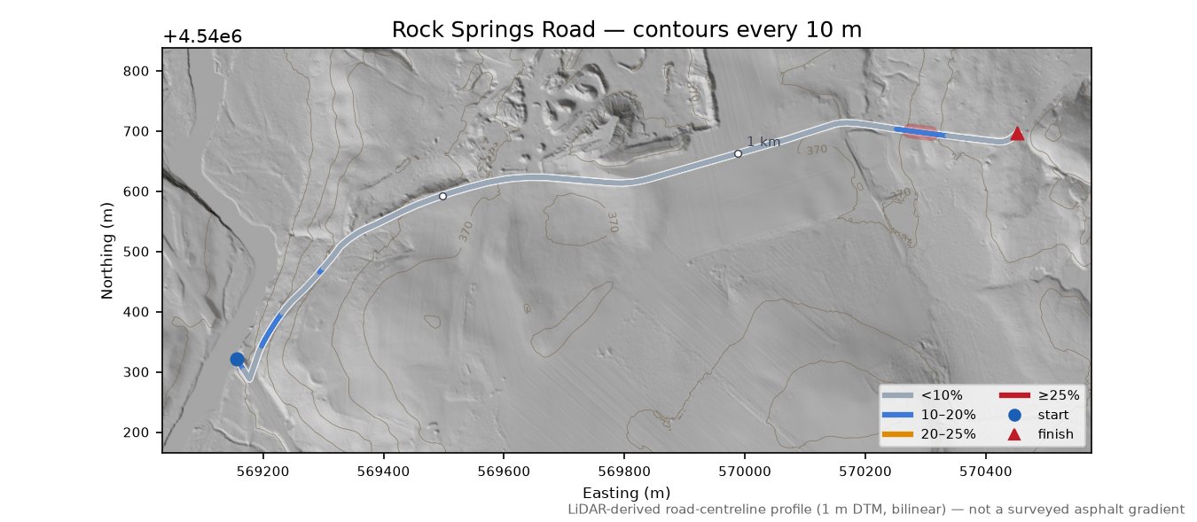 Rock Springs Road LiDAR hillshade map with contours