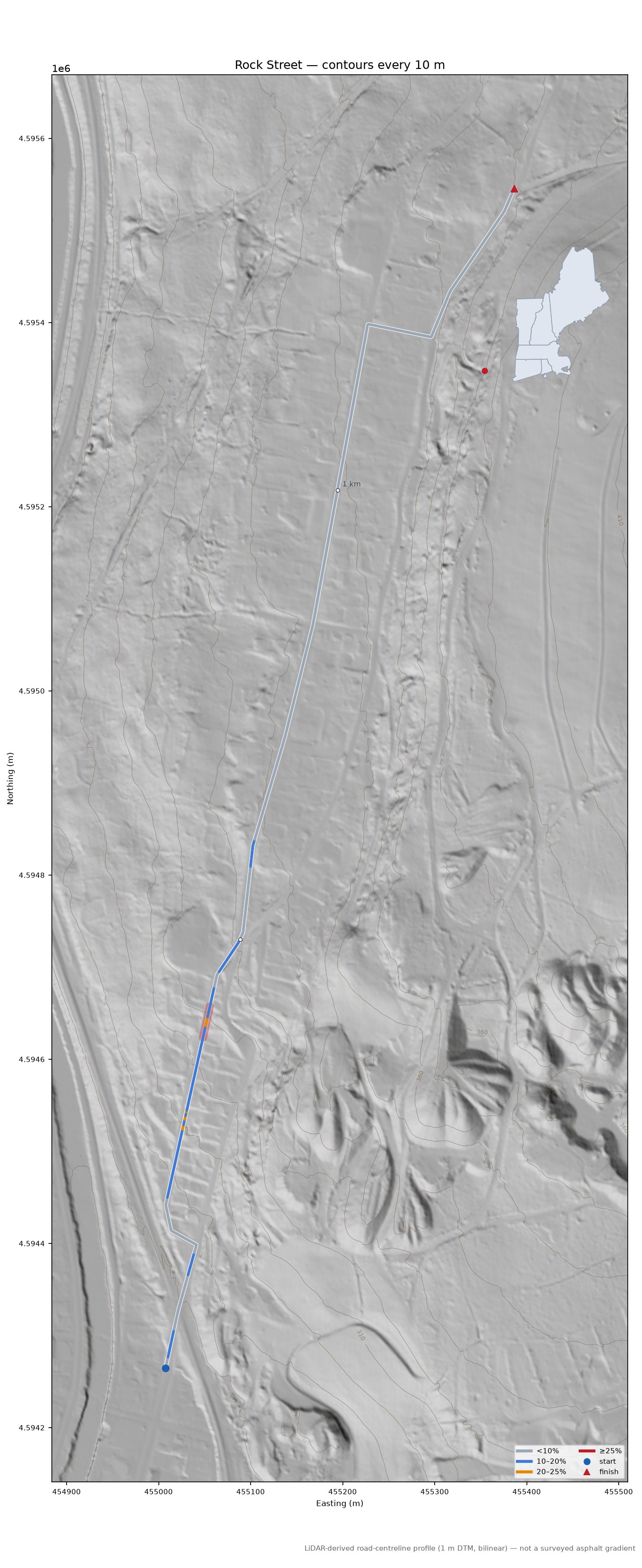 Rock Street LiDAR hillshade map with contours