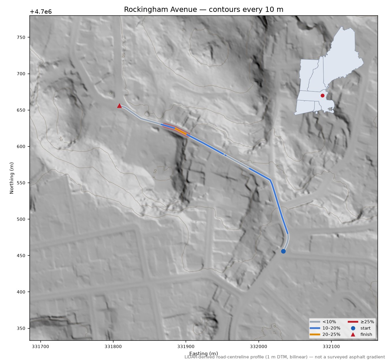 Rockingham Avenue LiDAR hillshade map with contours