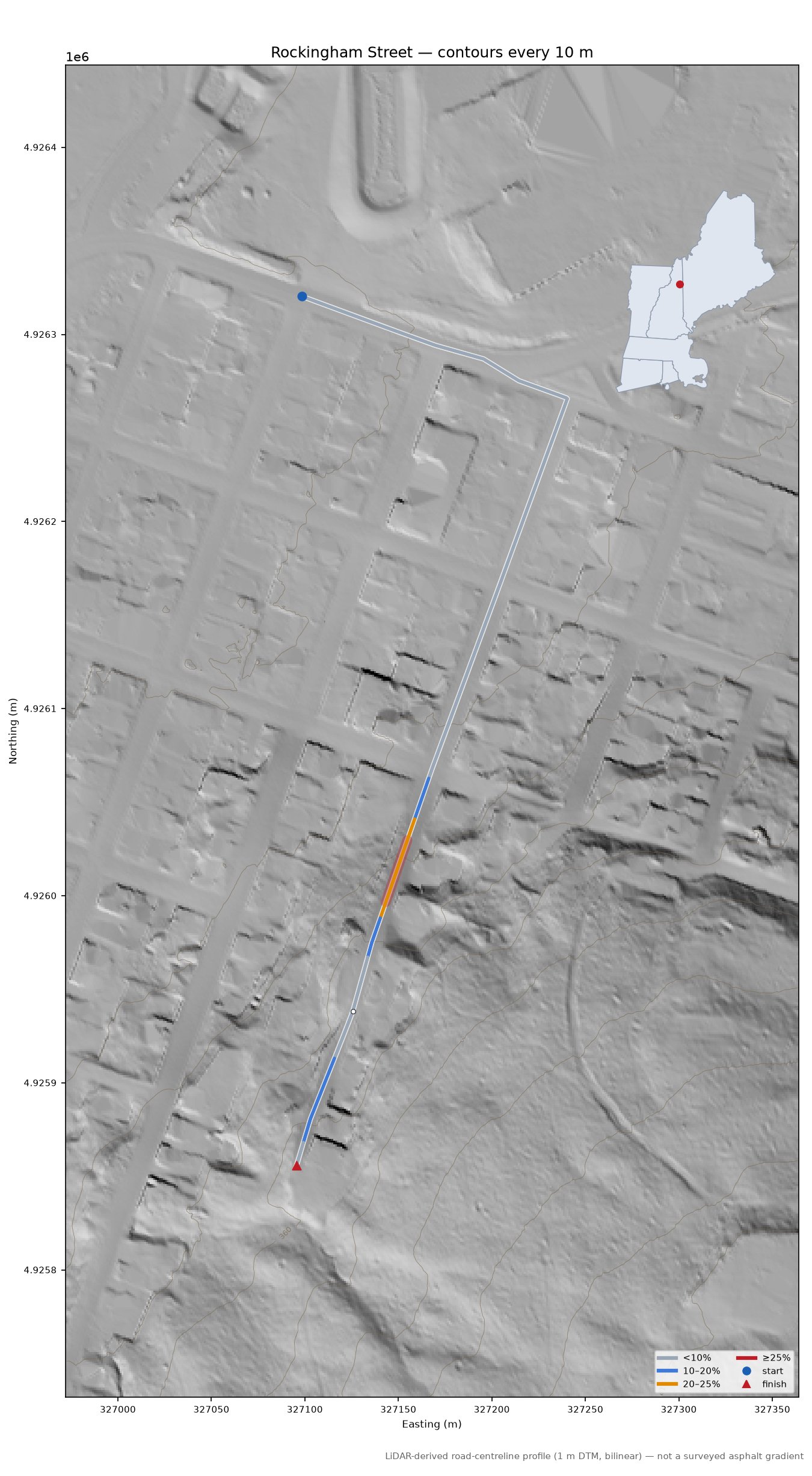 Rockingham Street LiDAR hillshade map with contours