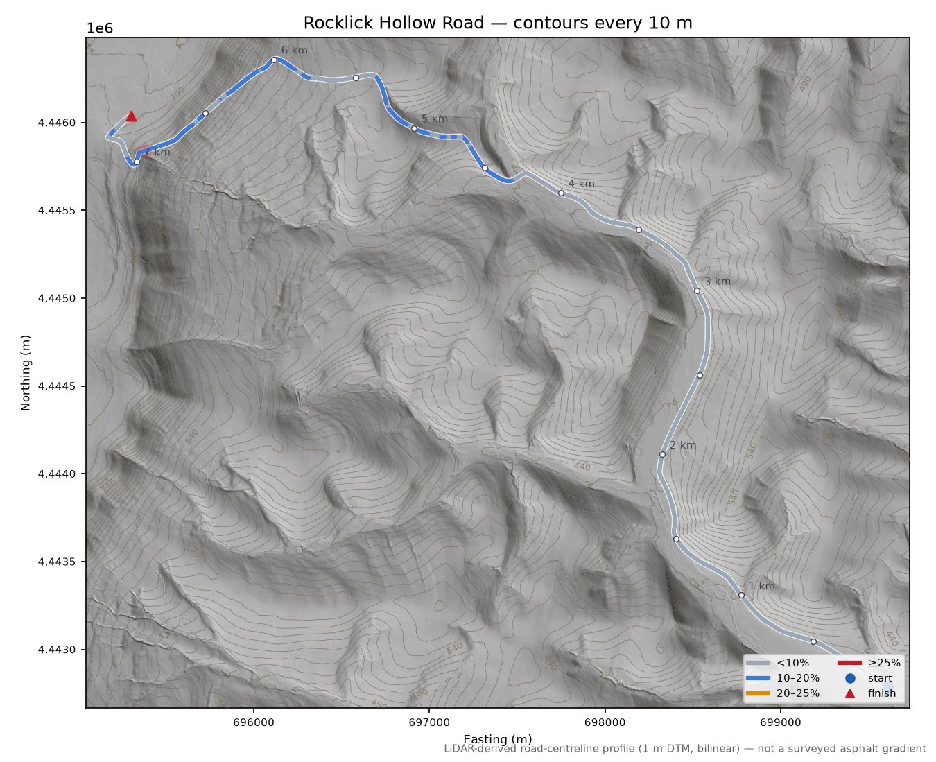 Rocklick Hollow Road LiDAR hillshade map with contours