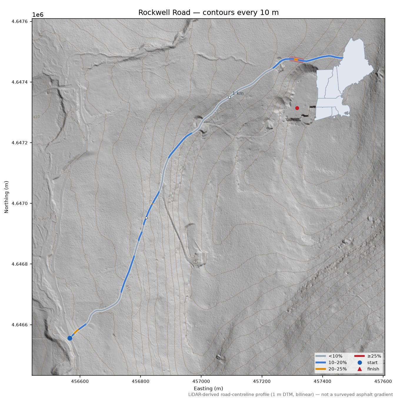Rockwell Road LiDAR hillshade map with contours