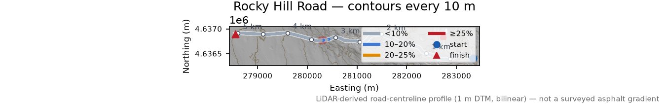 Rocky Hill Road LiDAR hillshade map with contours
