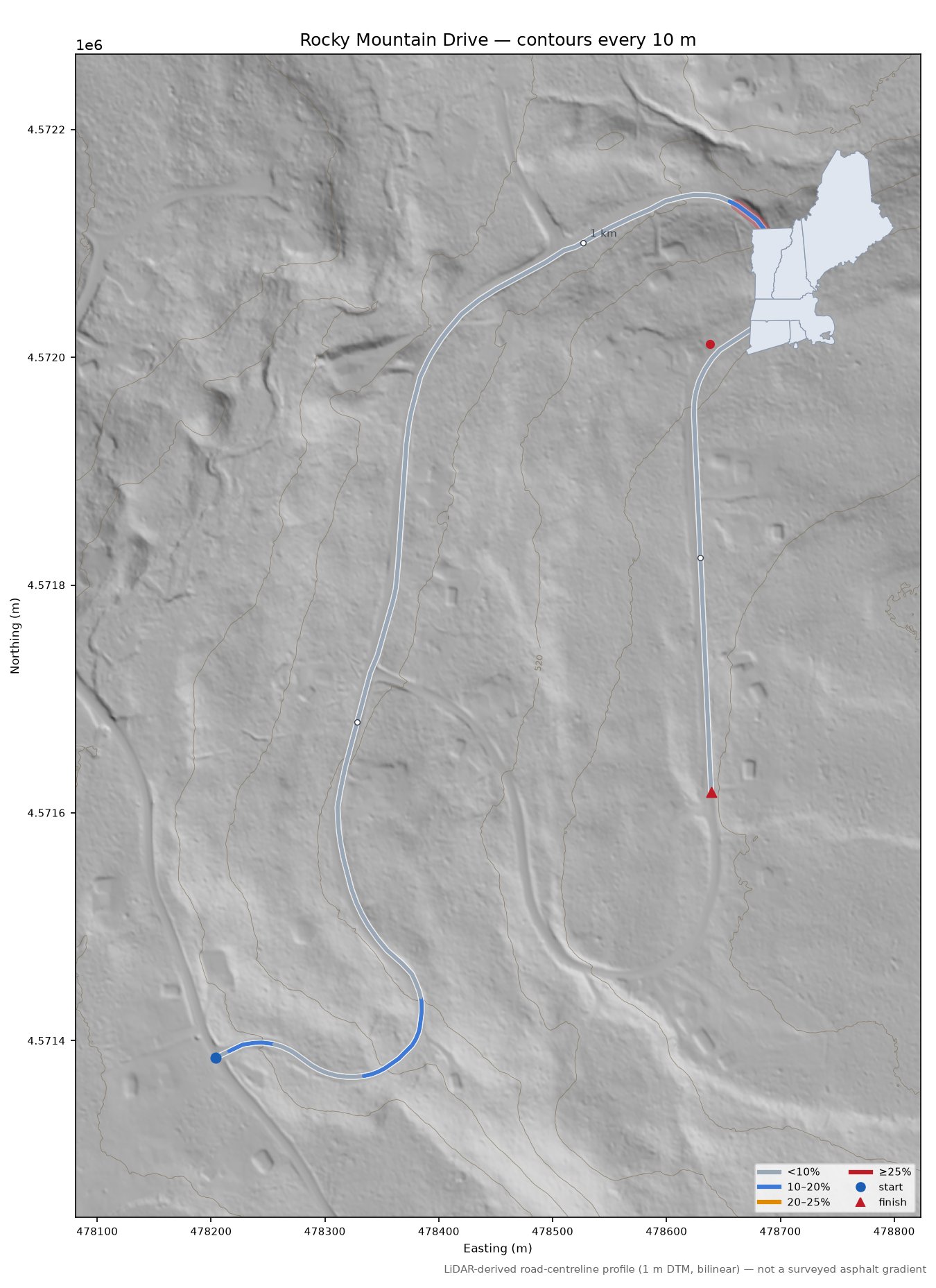 Rocky Mountain Drive LiDAR hillshade map with contours