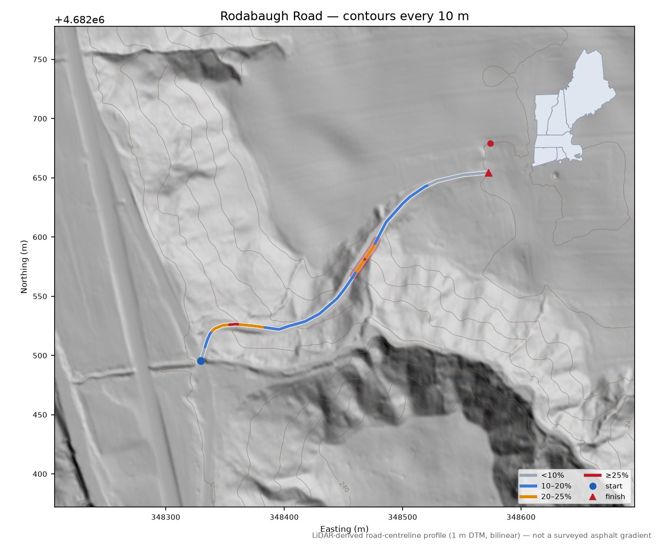 Rodabaugh Road LiDAR hillshade map with contours