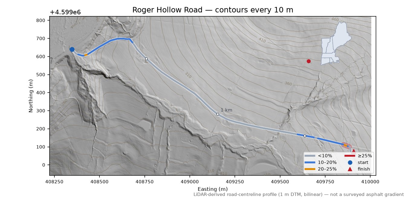 Roger Hollow Road LiDAR hillshade map with contours