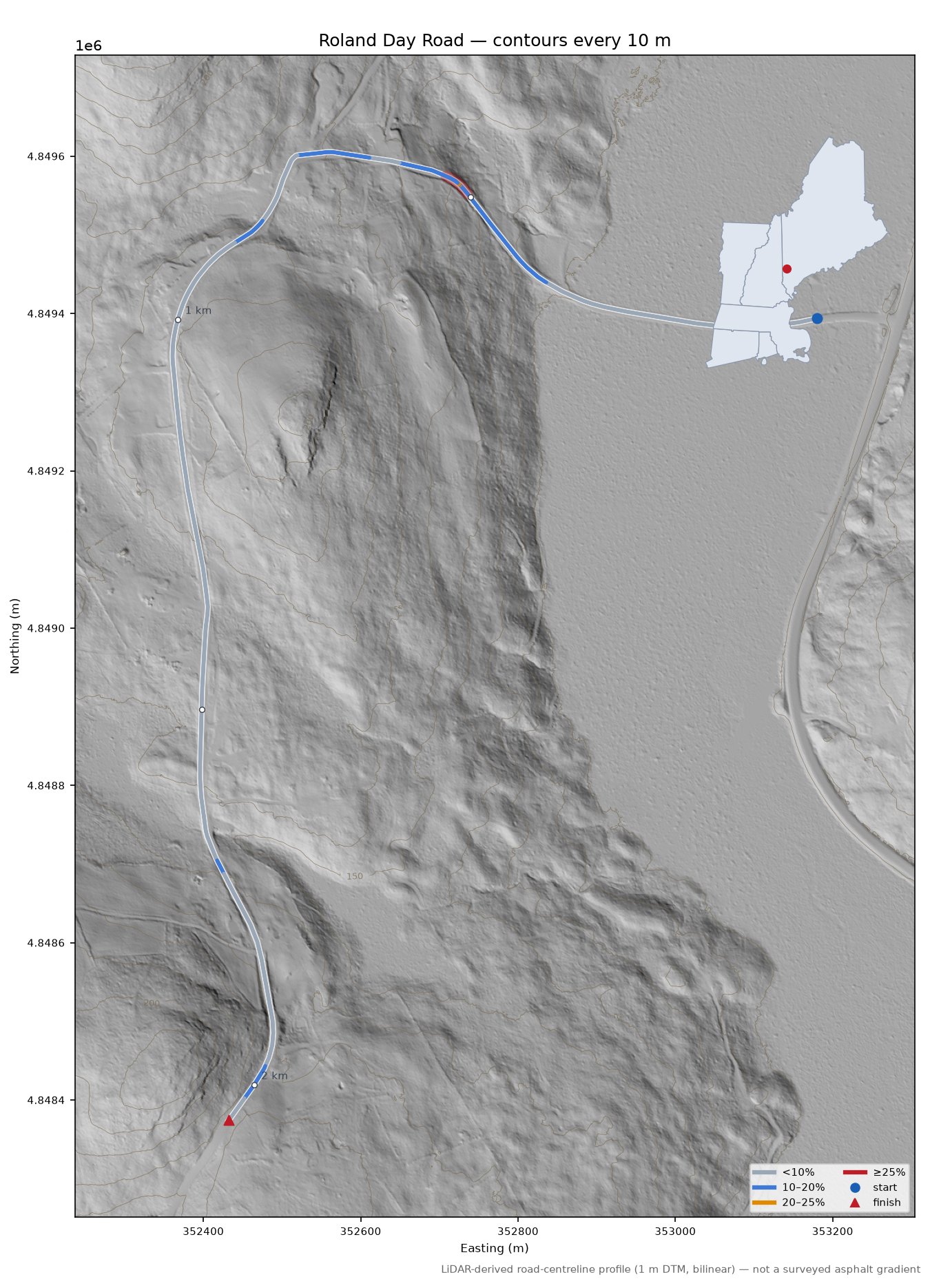 Roland Day Road LiDAR hillshade map with contours