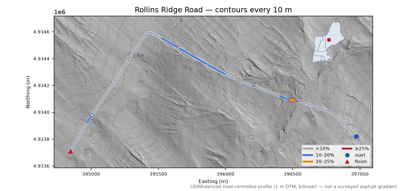 Rollins Ridge Road LiDAR hillshade map with contours