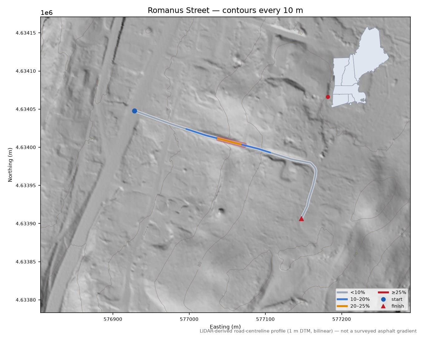 Romanus Street LiDAR hillshade map with contours