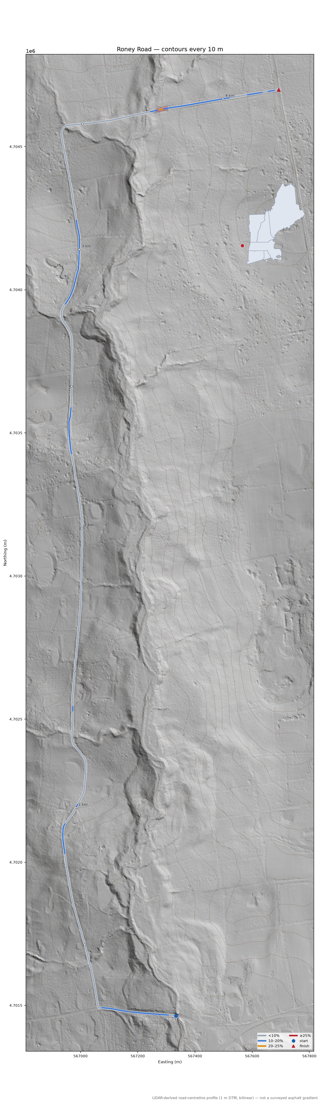 Roney Road LiDAR hillshade map with contours