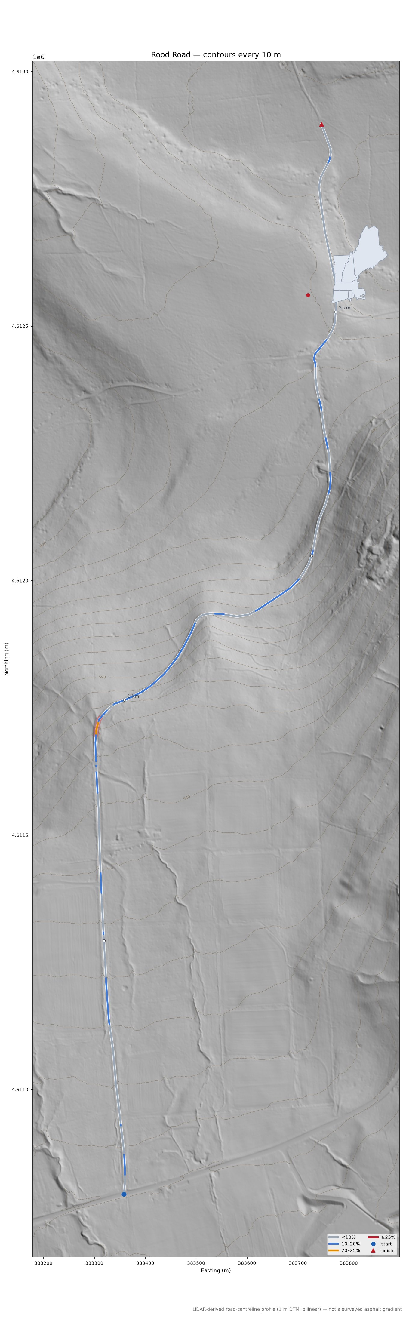 Rood Road LiDAR hillshade map with contours