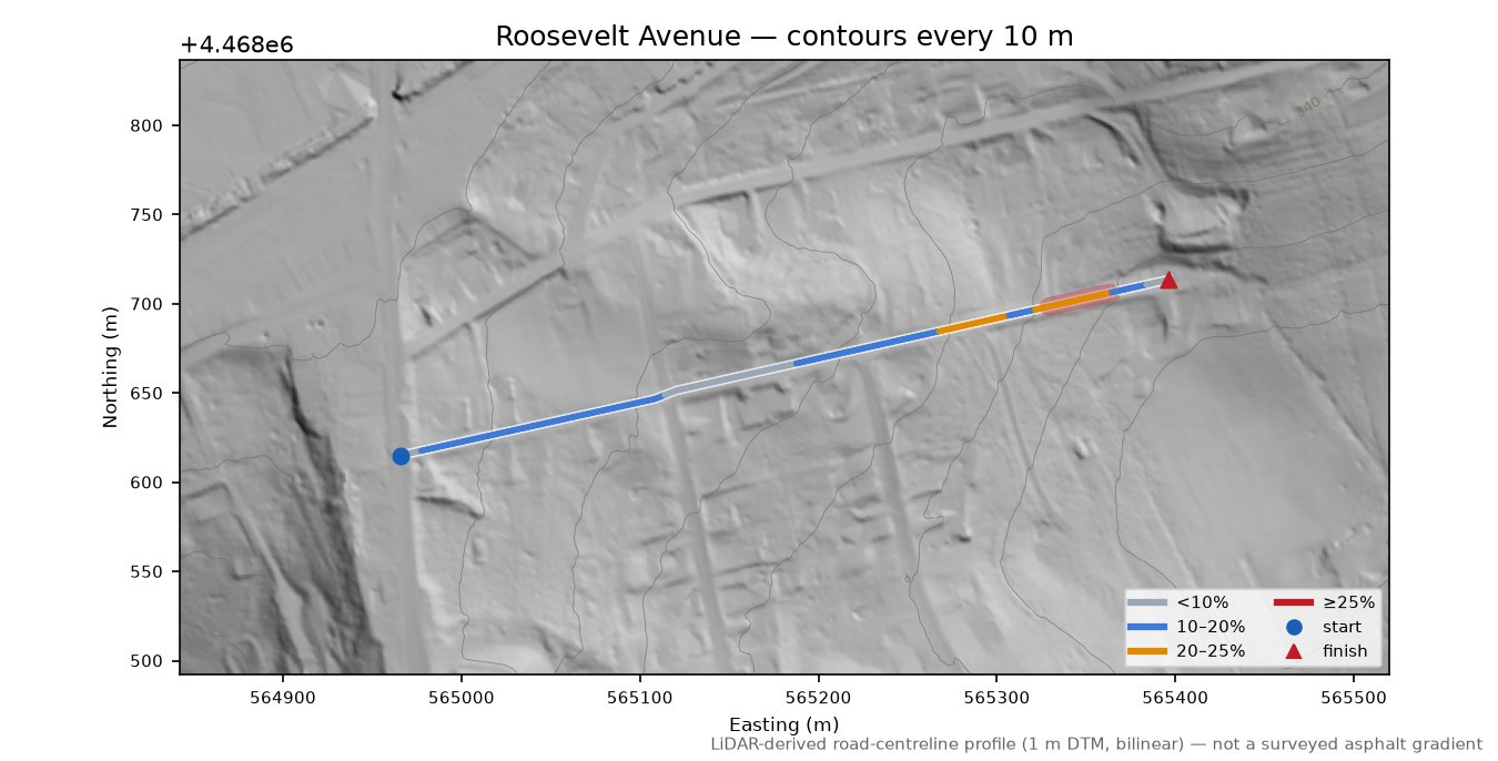 Roosevelt Avenue LiDAR hillshade map with contours