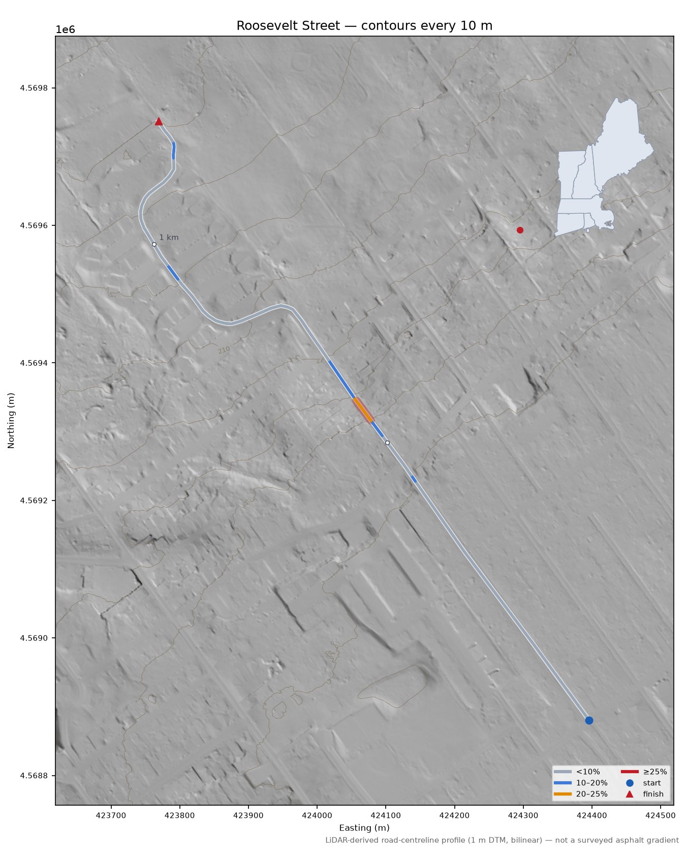 Roosevelt Street LiDAR hillshade map with contours