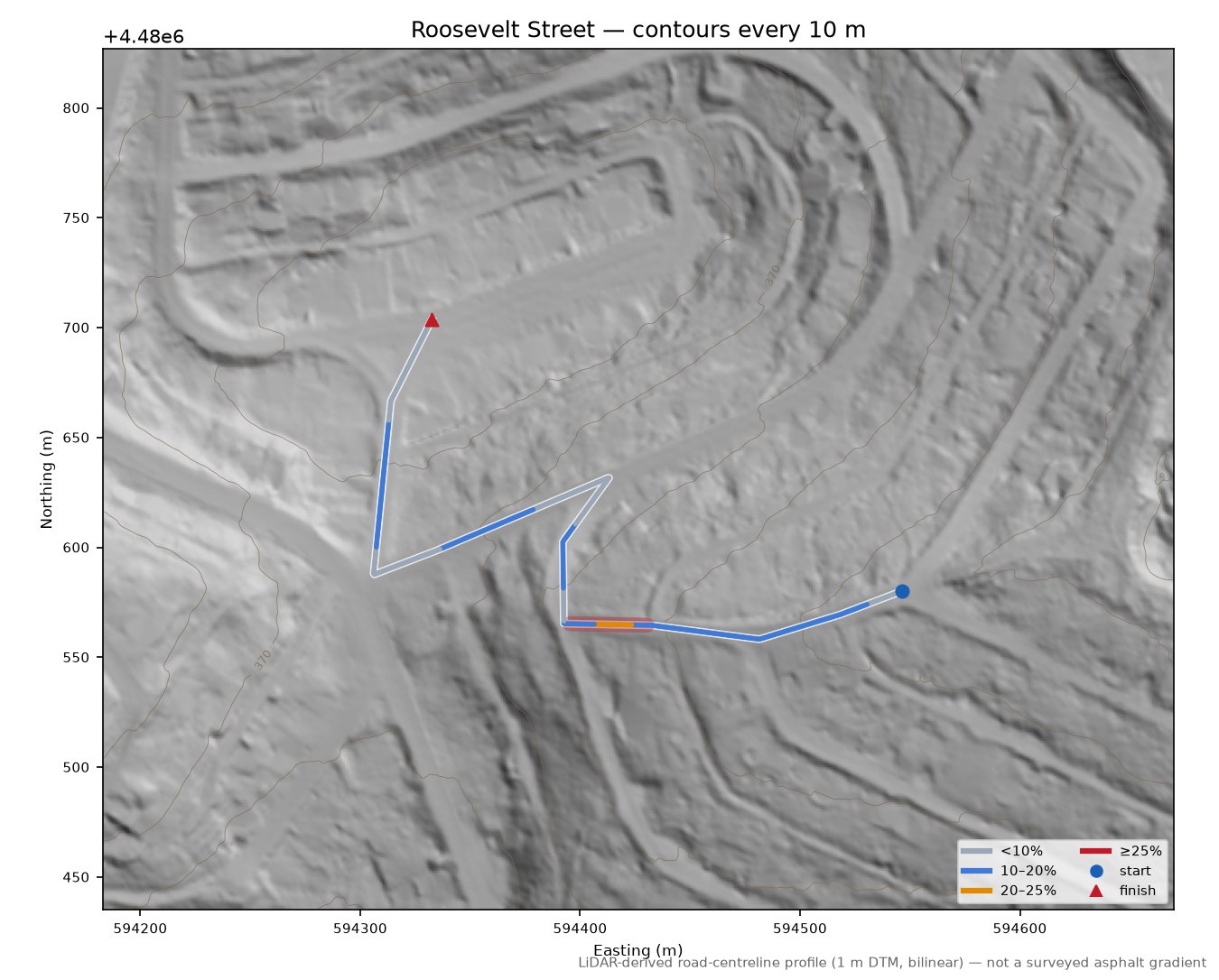 Roosevelt Street LiDAR hillshade map with contours