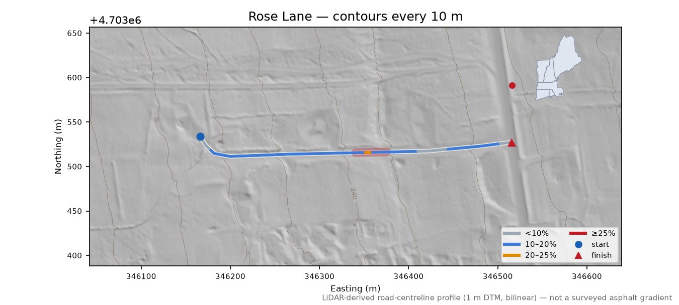 Rose Lane LiDAR hillshade map with contours