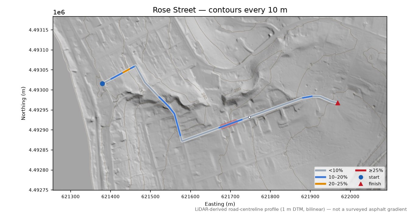 Rose Street LiDAR hillshade map with contours