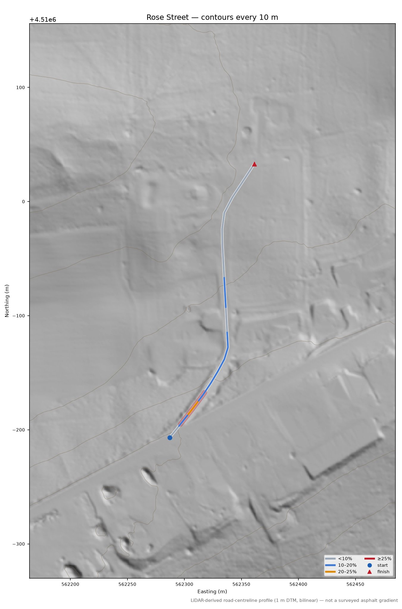 Rose Street LiDAR hillshade map with contours