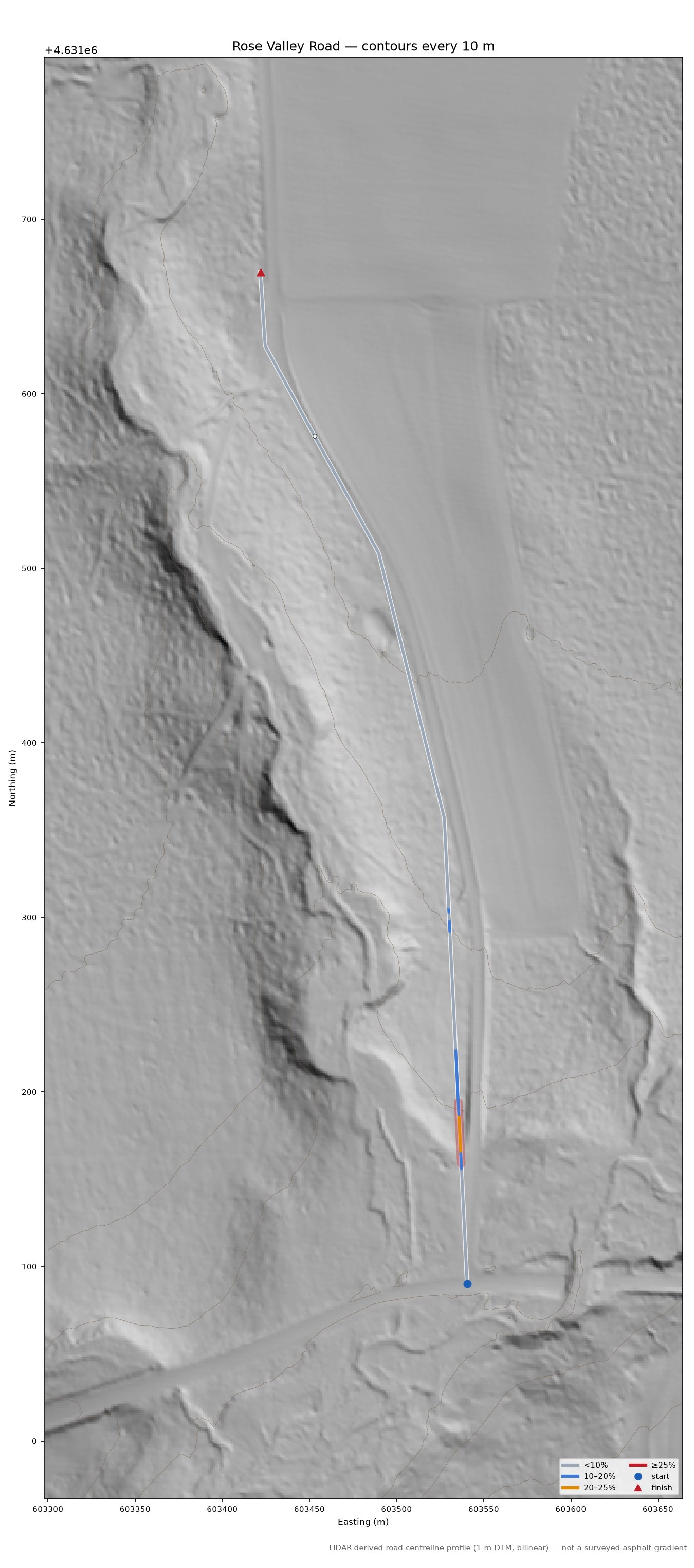 Rose Valley Road LiDAR hillshade map with contours