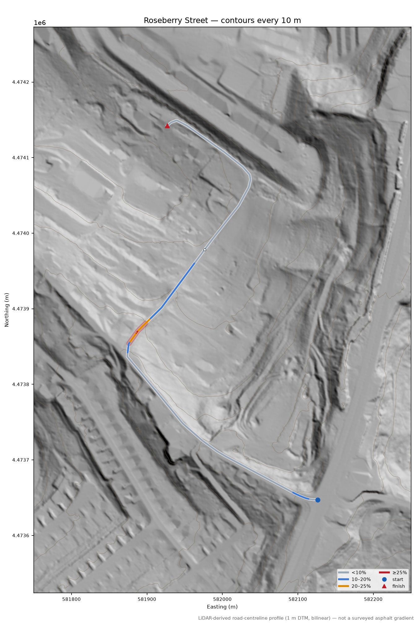 Roseberry Street LiDAR hillshade map with contours