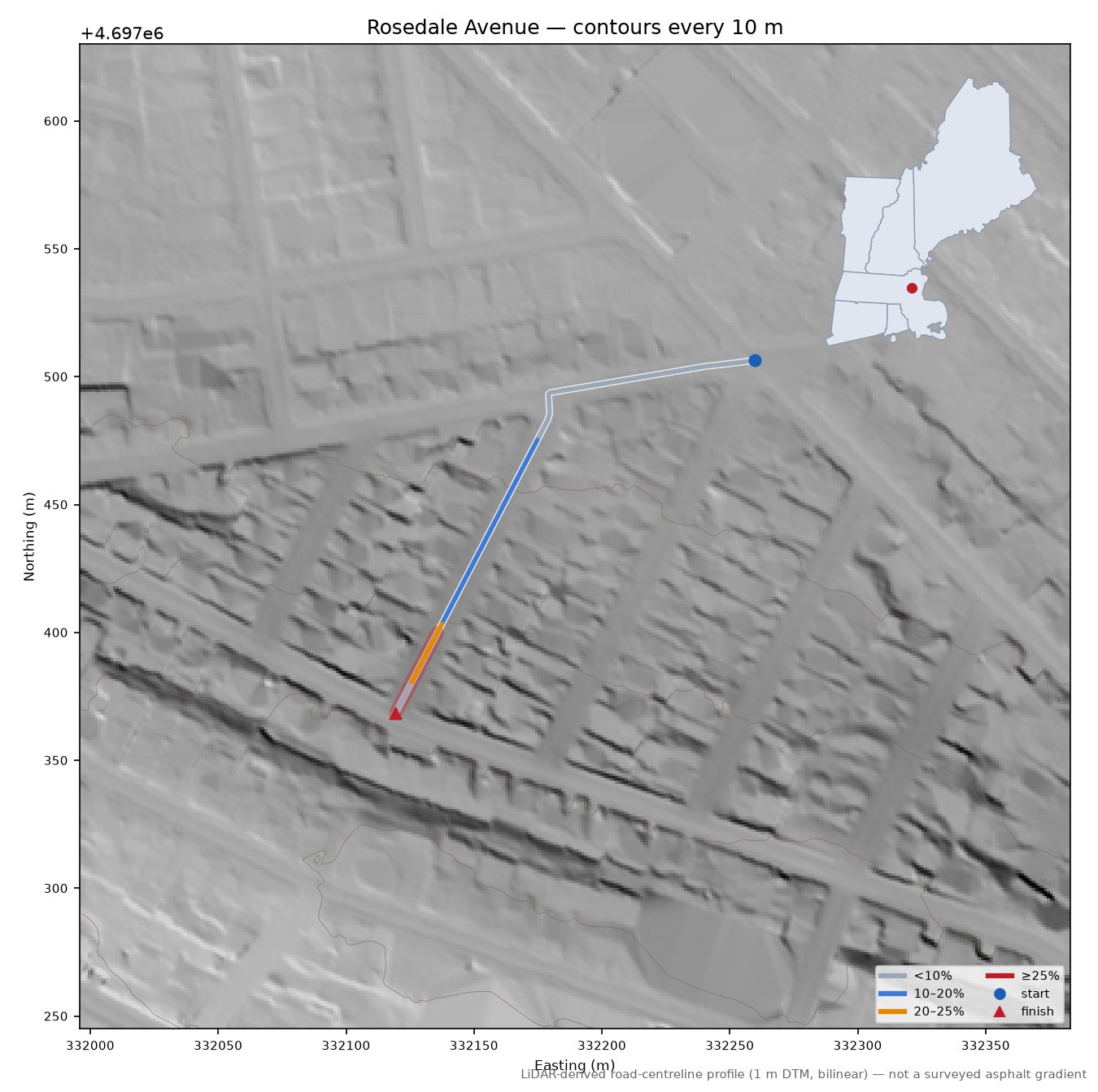 Rosedale Avenue LiDAR hillshade map with contours