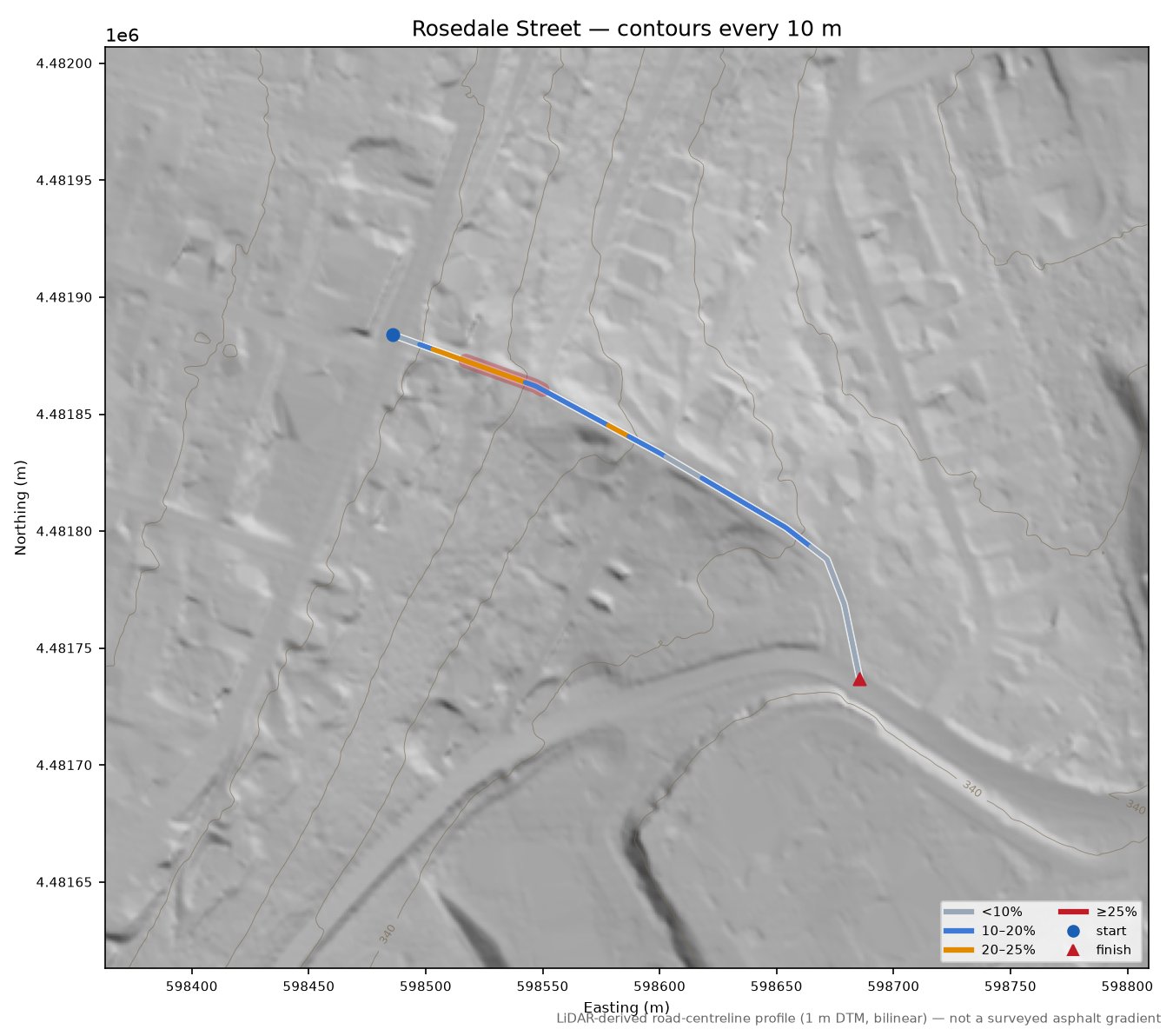 Rosedale Street LiDAR hillshade map with contours
