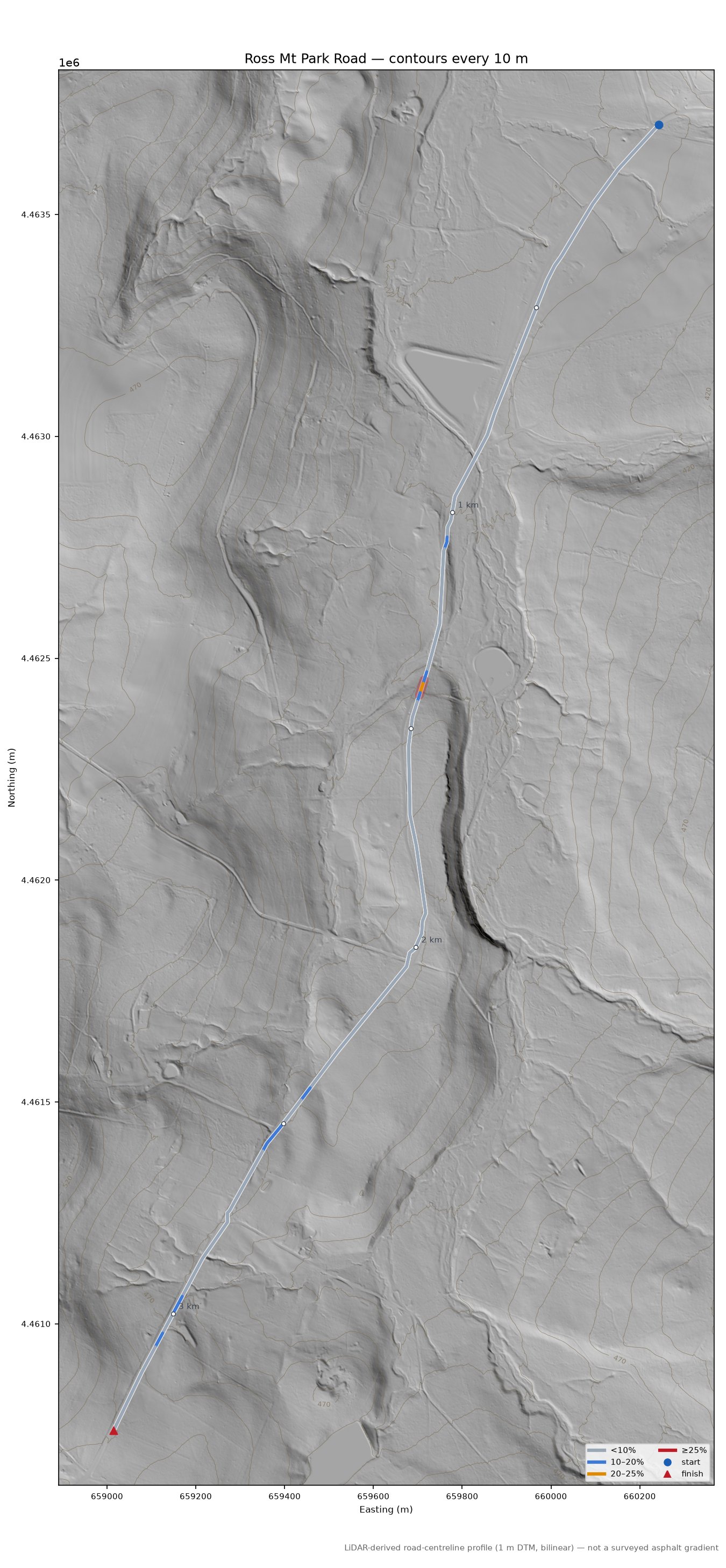 Ross Mt Park Road LiDAR hillshade map with contours