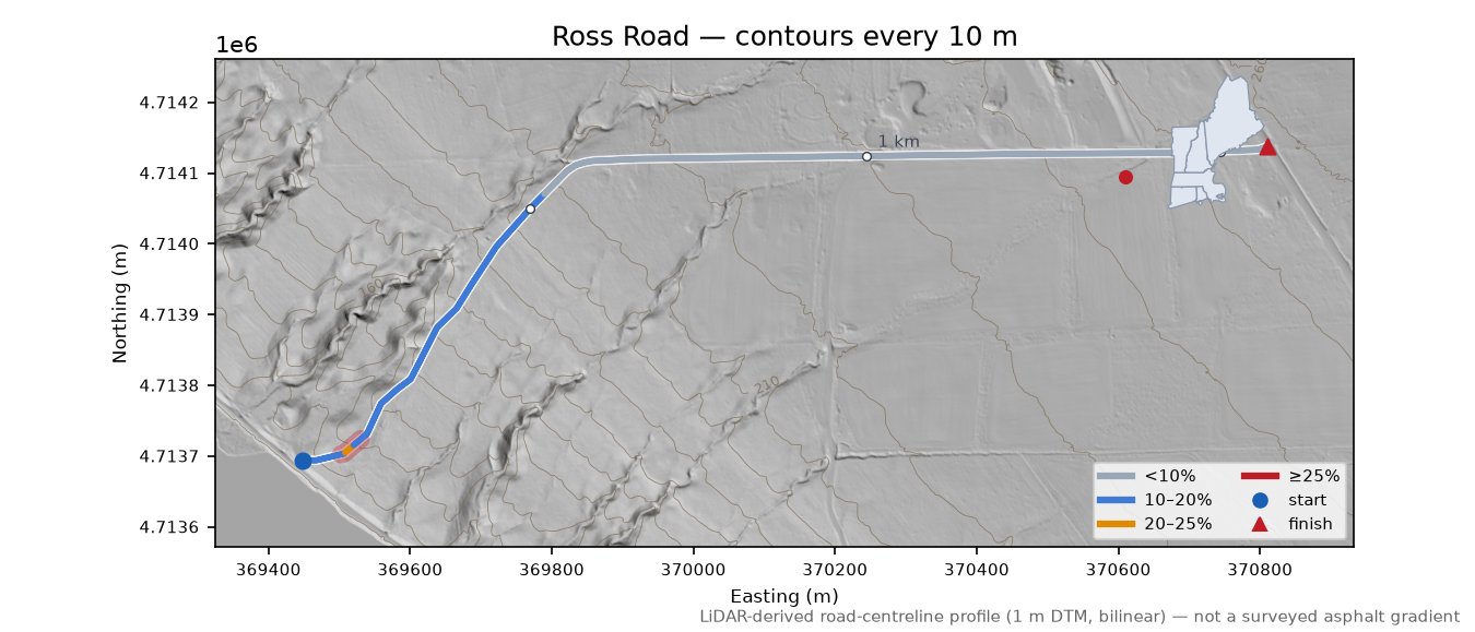 Ross Road LiDAR hillshade map with contours