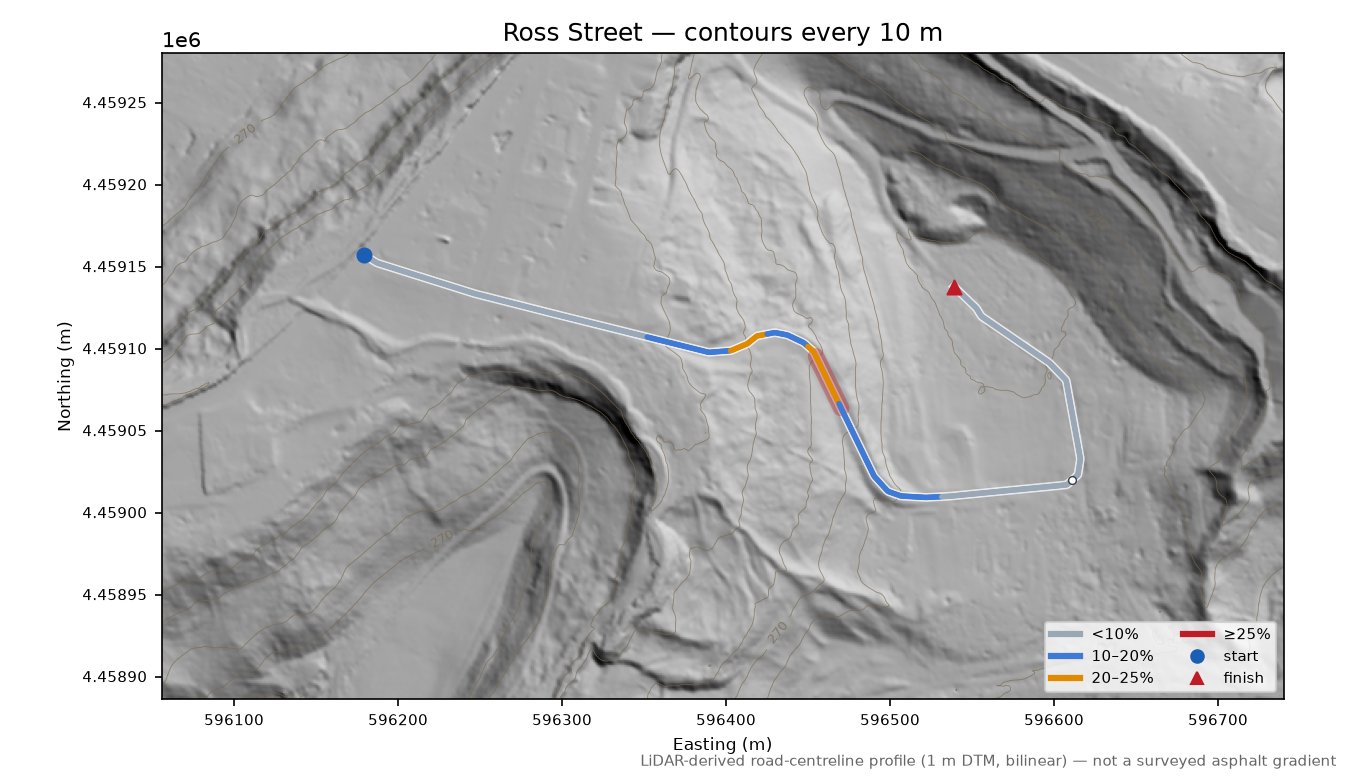Ross Street LiDAR hillshade map with contours