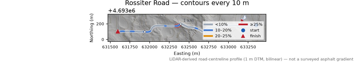 Rossiter Road LiDAR hillshade map with contours
