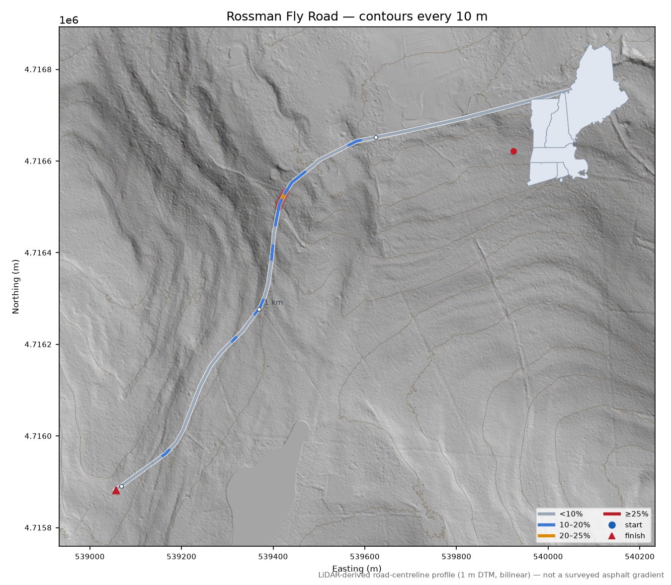 Rossman Fly Road LiDAR hillshade map with contours