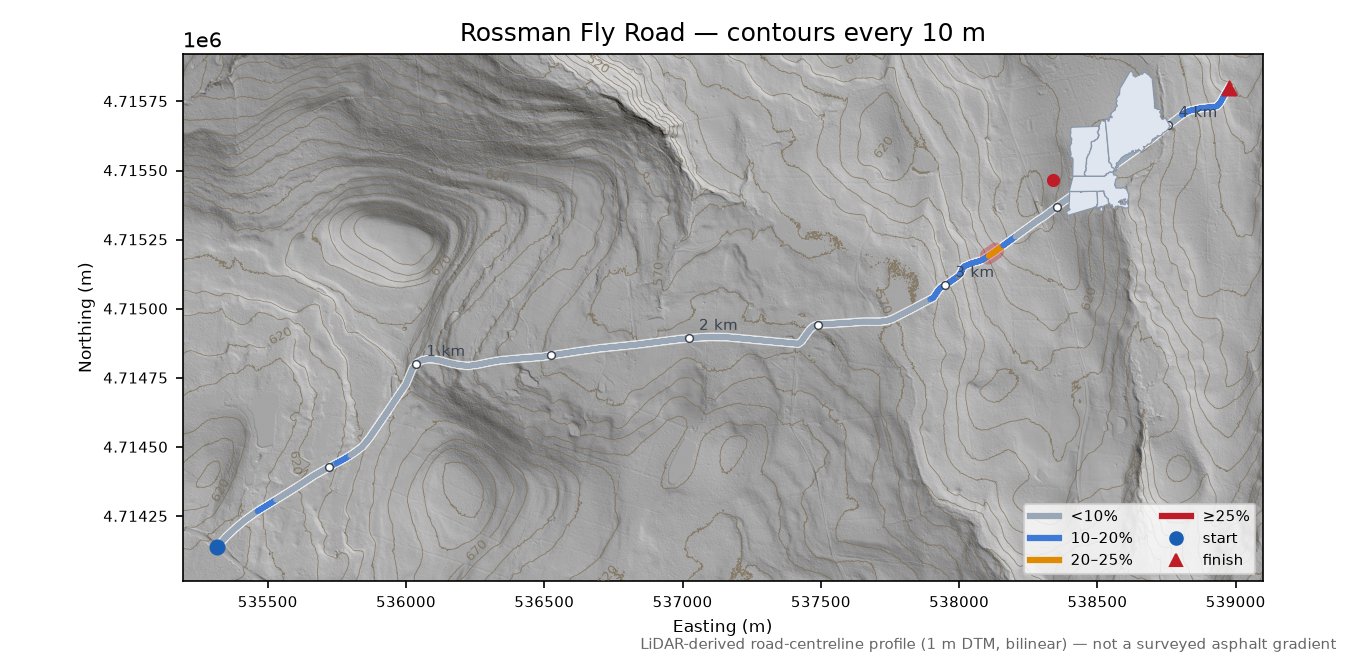 Rossman Fly Road LiDAR hillshade map with contours