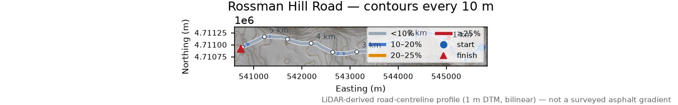 Rossman Hill Road LiDAR hillshade map with contours