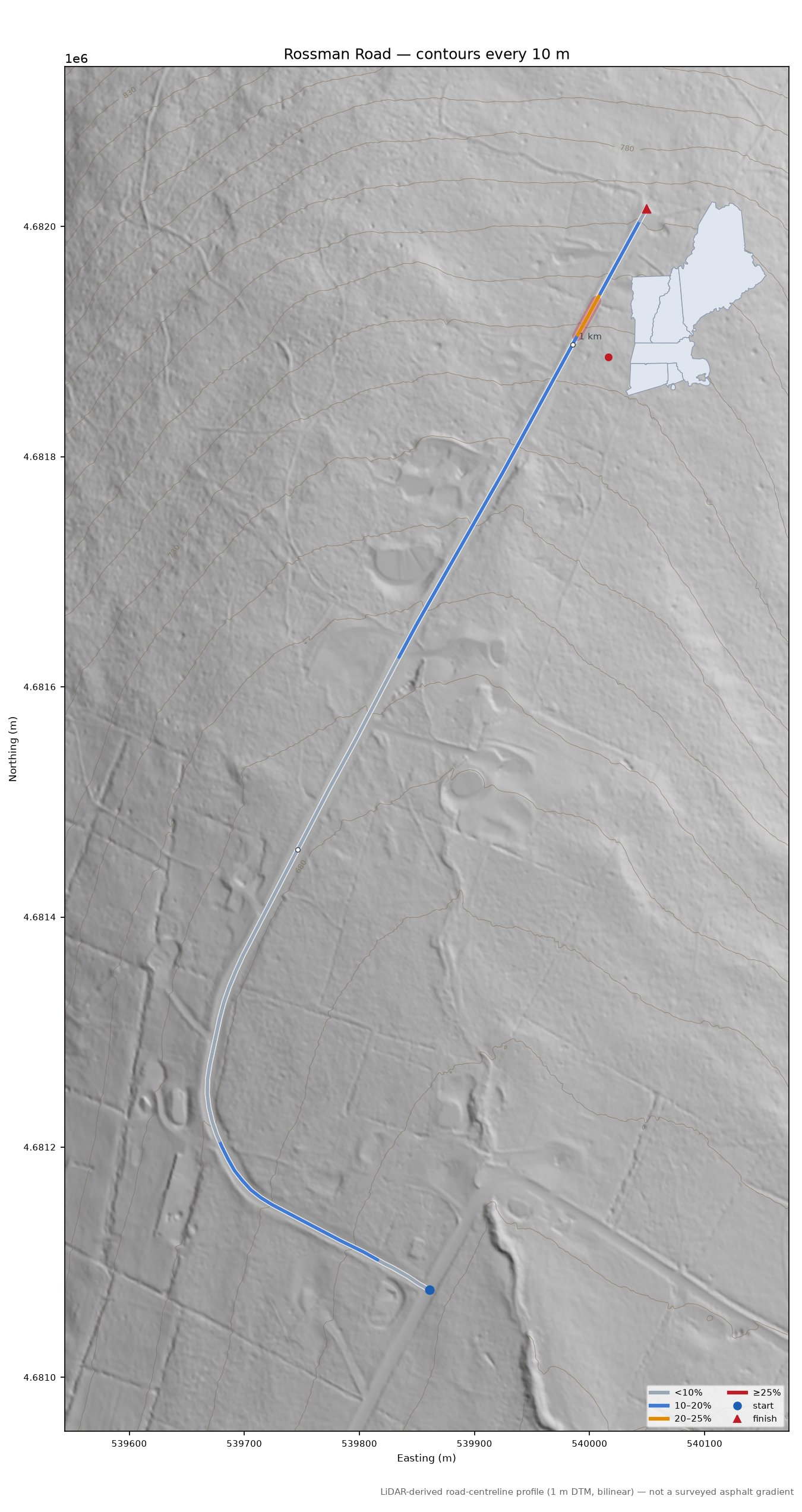 Rossman Road LiDAR hillshade map with contours
