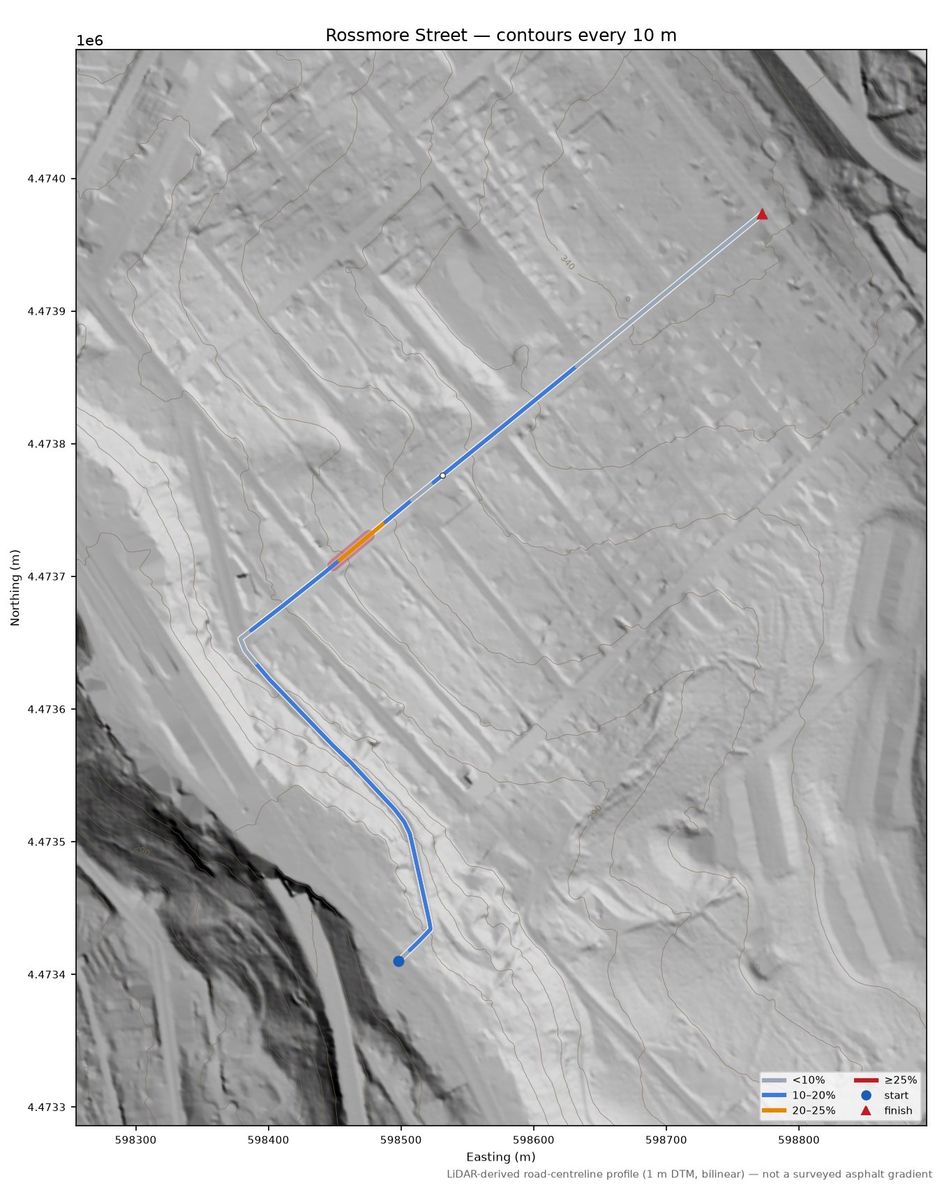 Rossmore Street LiDAR hillshade map with contours