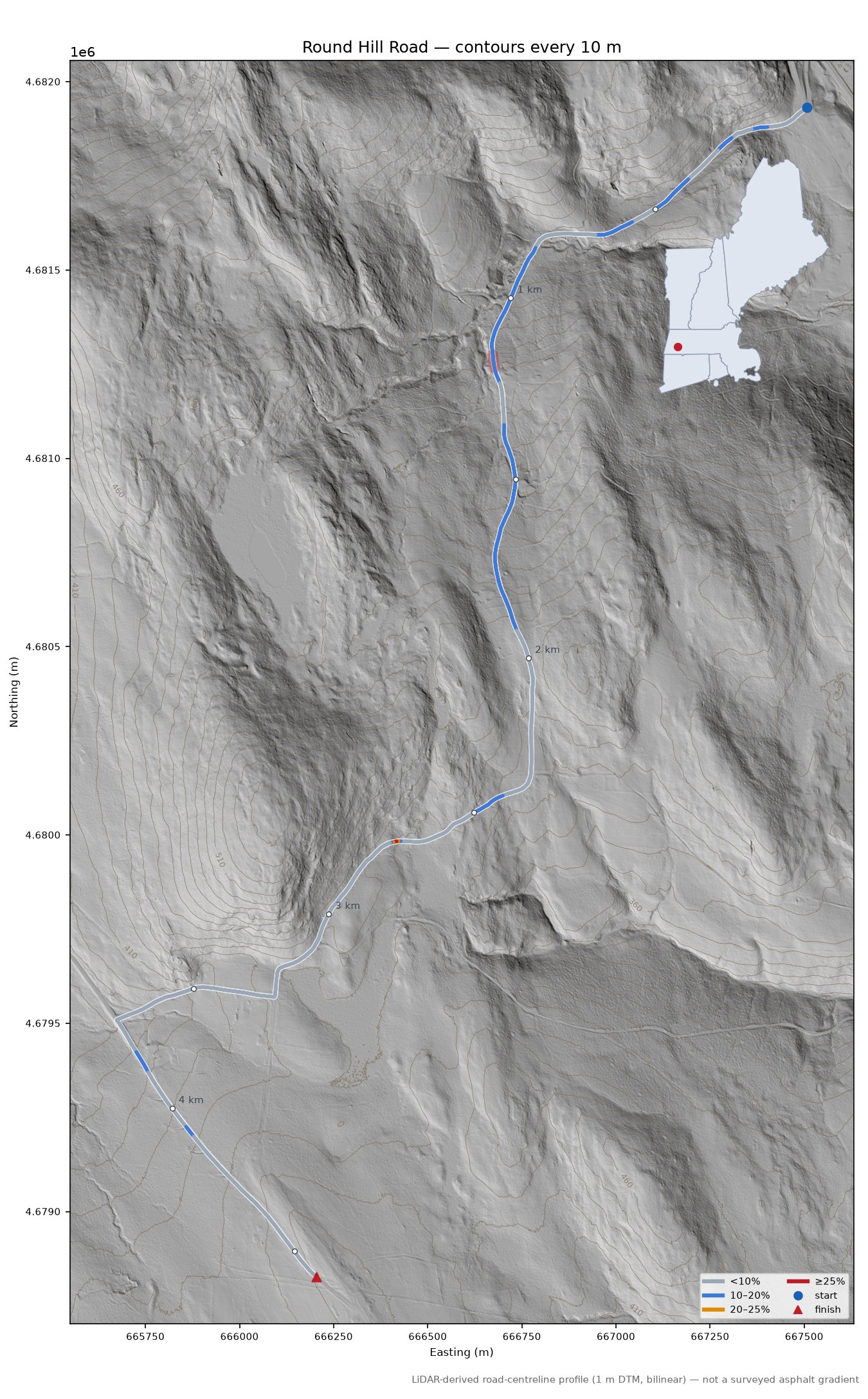 Round Hill Road LiDAR hillshade map with contours