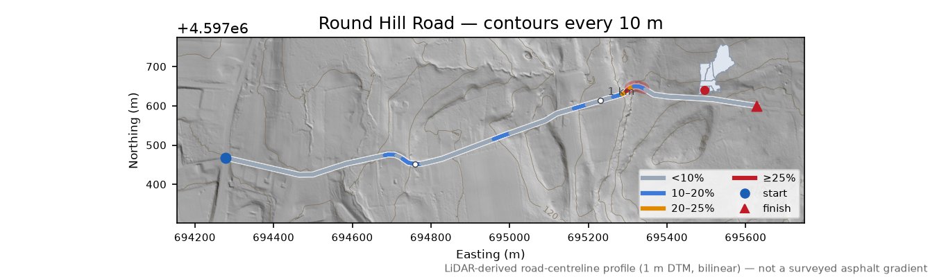 Round Hill Road LiDAR hillshade map with contours