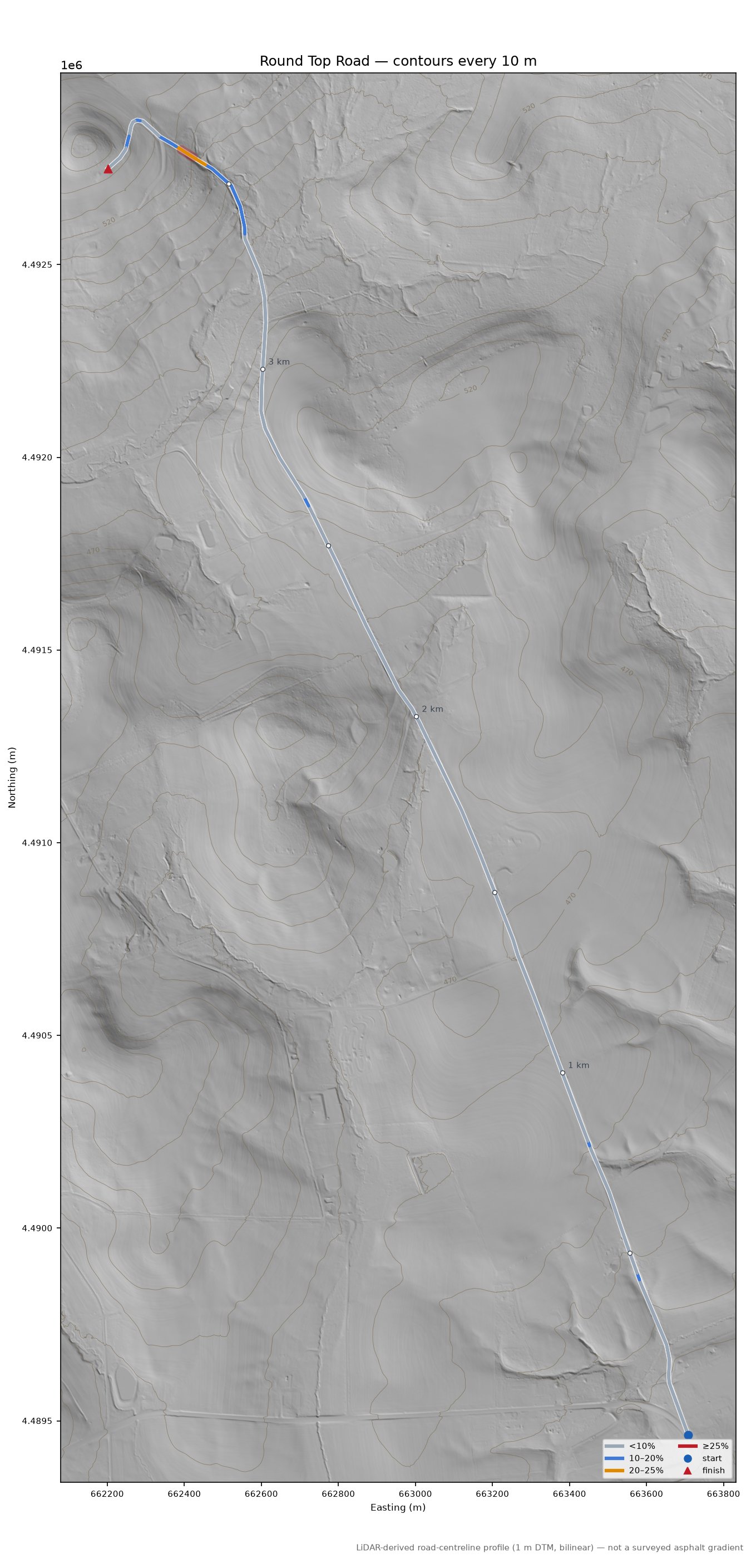 Round Top Road LiDAR hillshade map with contours