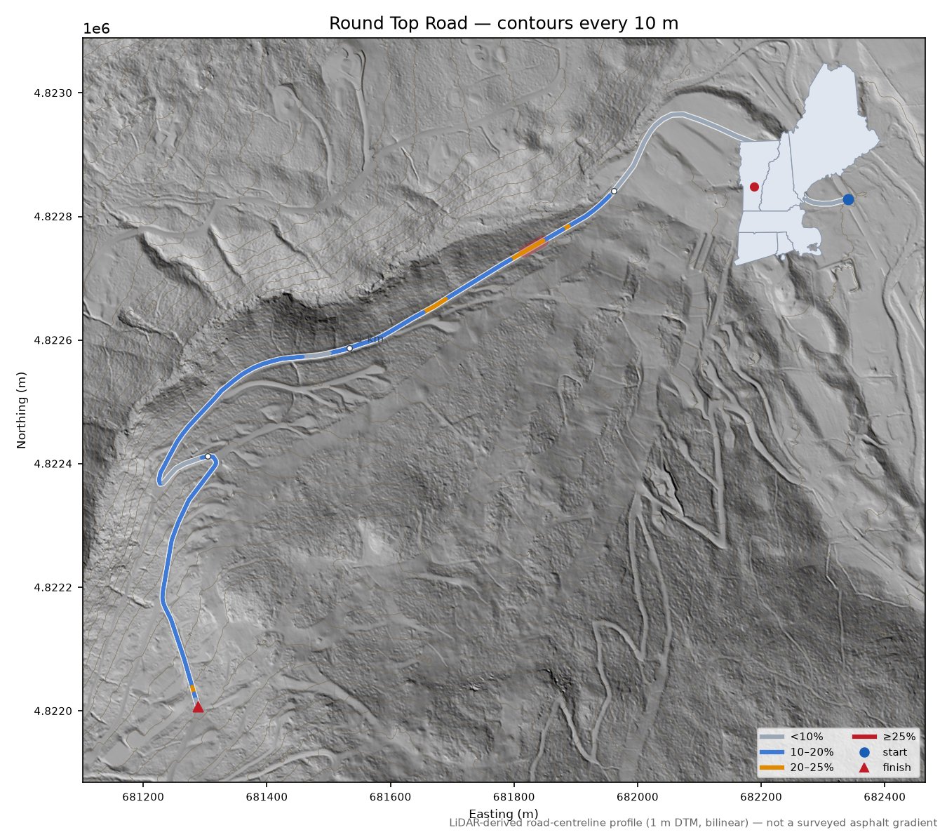 Round Top Road LiDAR hillshade map with contours