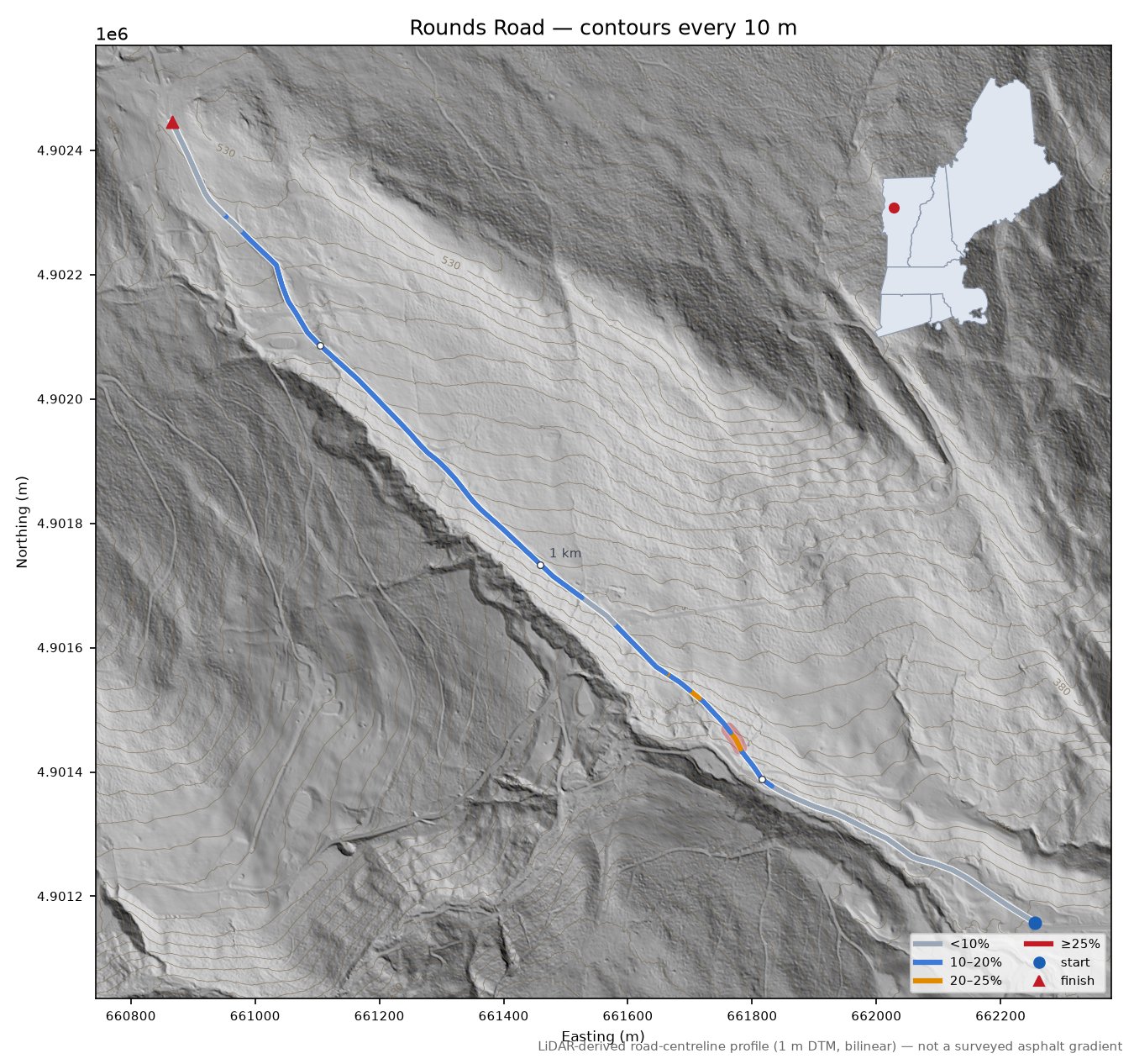 Rounds Road LiDAR hillshade map with contours